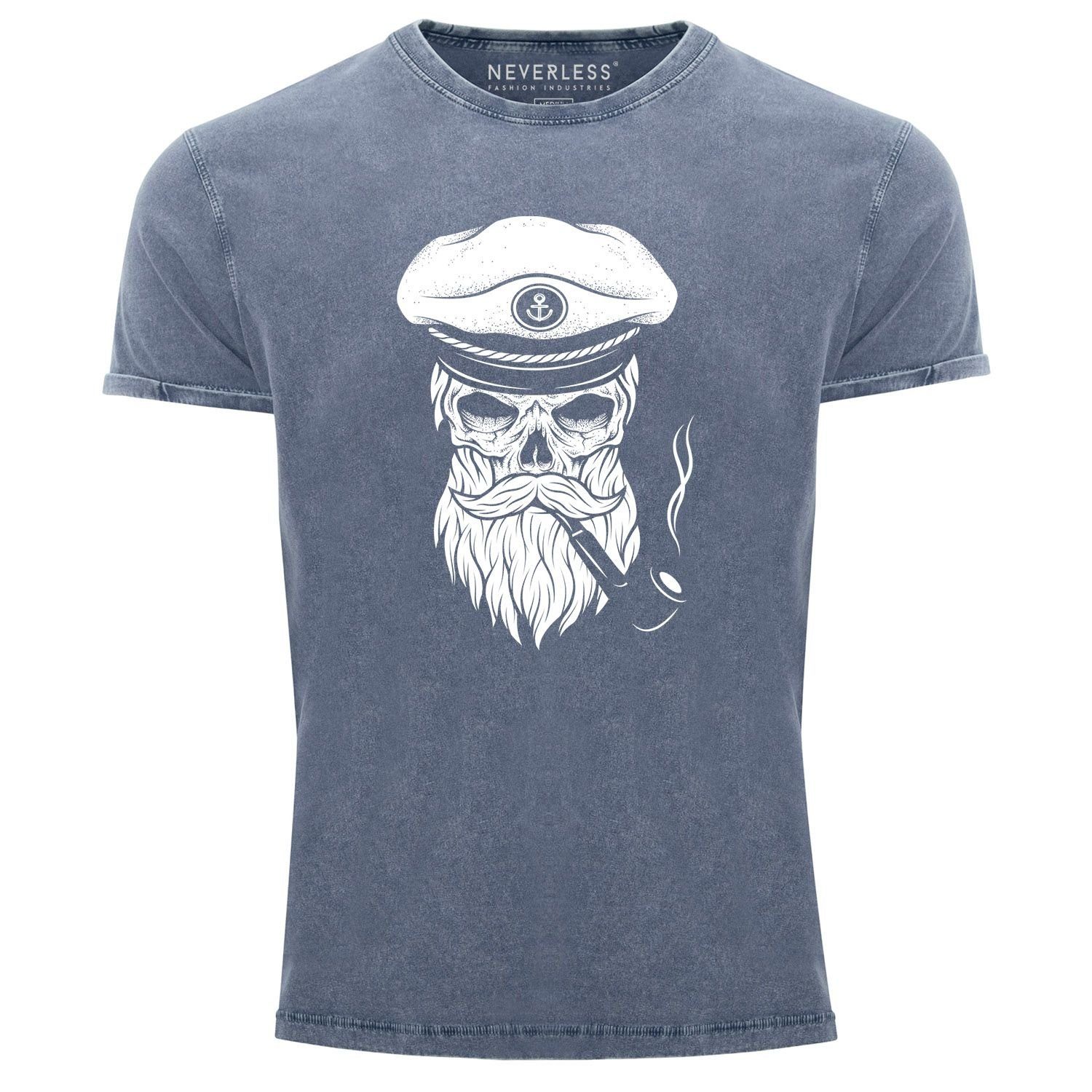 Neverless Print-Shirt Print blau Captain T-Shirt Skull Used Look Totenkopf Slim Neverless® Aufdruck Shirt Cooles Angesagtes Herren mit Fit Vintage