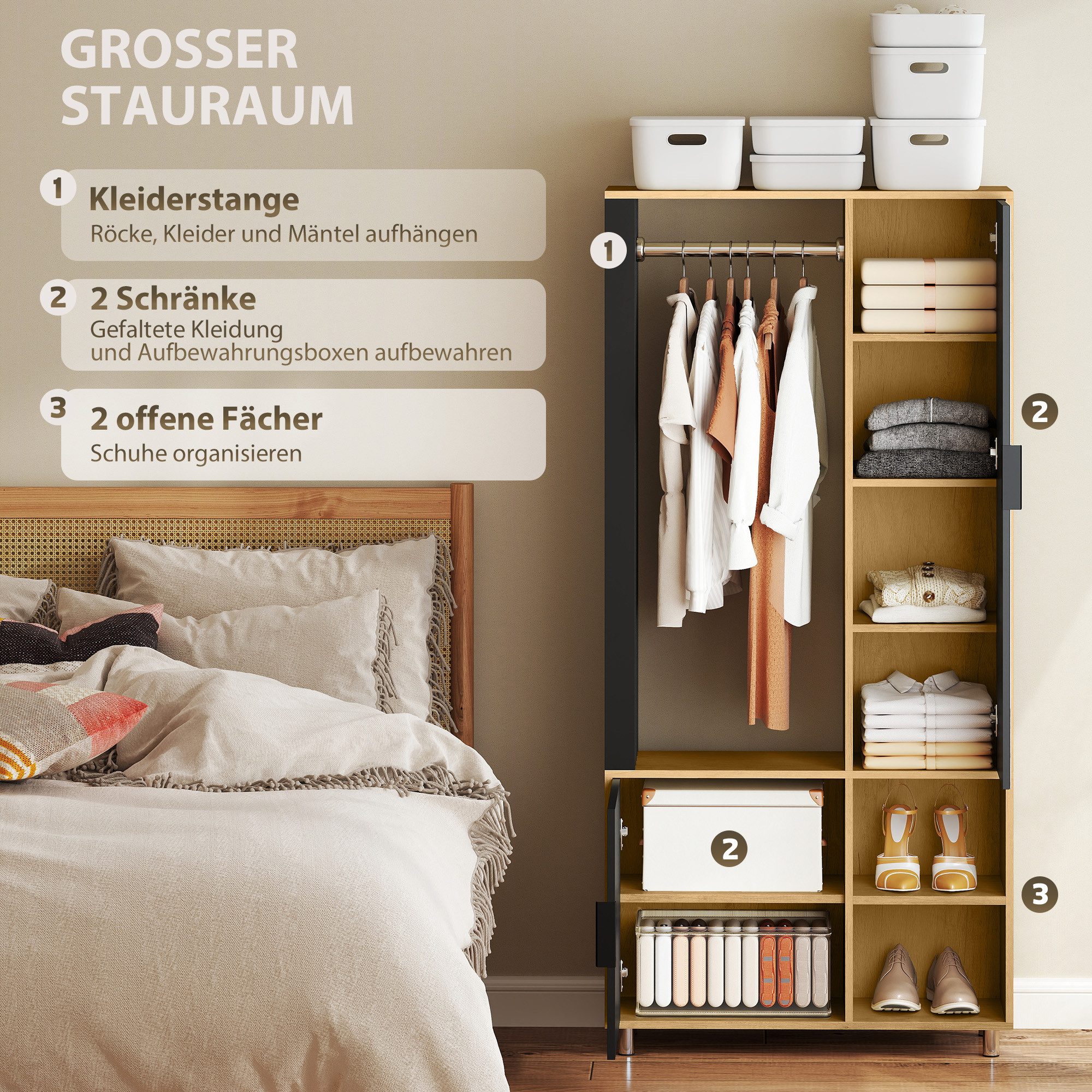 HOMCOM Kleiderschrank Kompaktgarderobe mit Kleiderstange Schuhschrank und 8 Regalböden (Flurgarderobe Set, 1-St., Garderobe Set) 80 x 30 x 175 cm, Naturholz – Bild 4 von 5