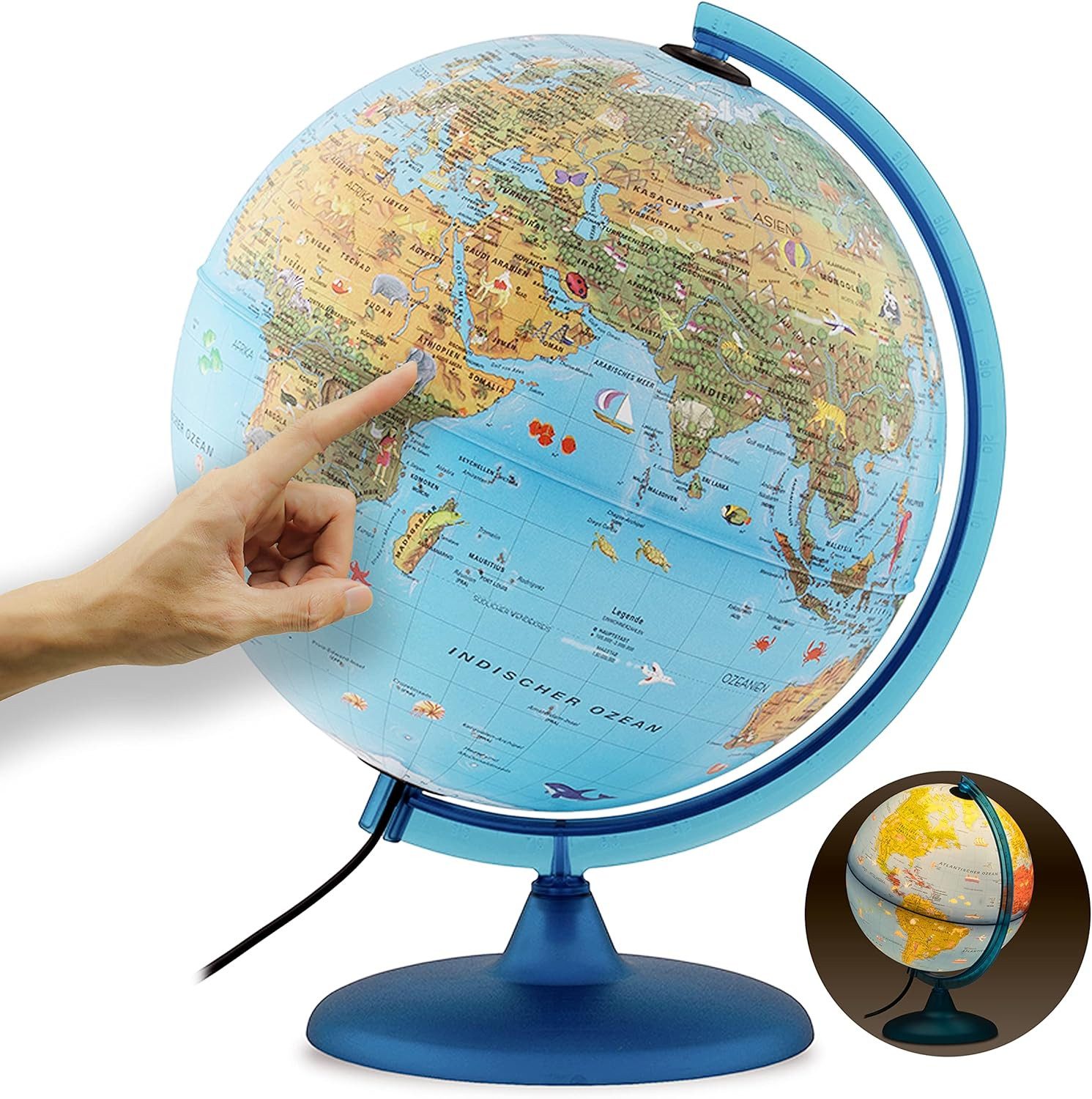 Interkart Landkarten & Globen GmbH Globus Kinder-Leuchtglobus 30 cm mit Tieren, Bauwerken & LED-Beleuchtung, Lernglobus mit Licht