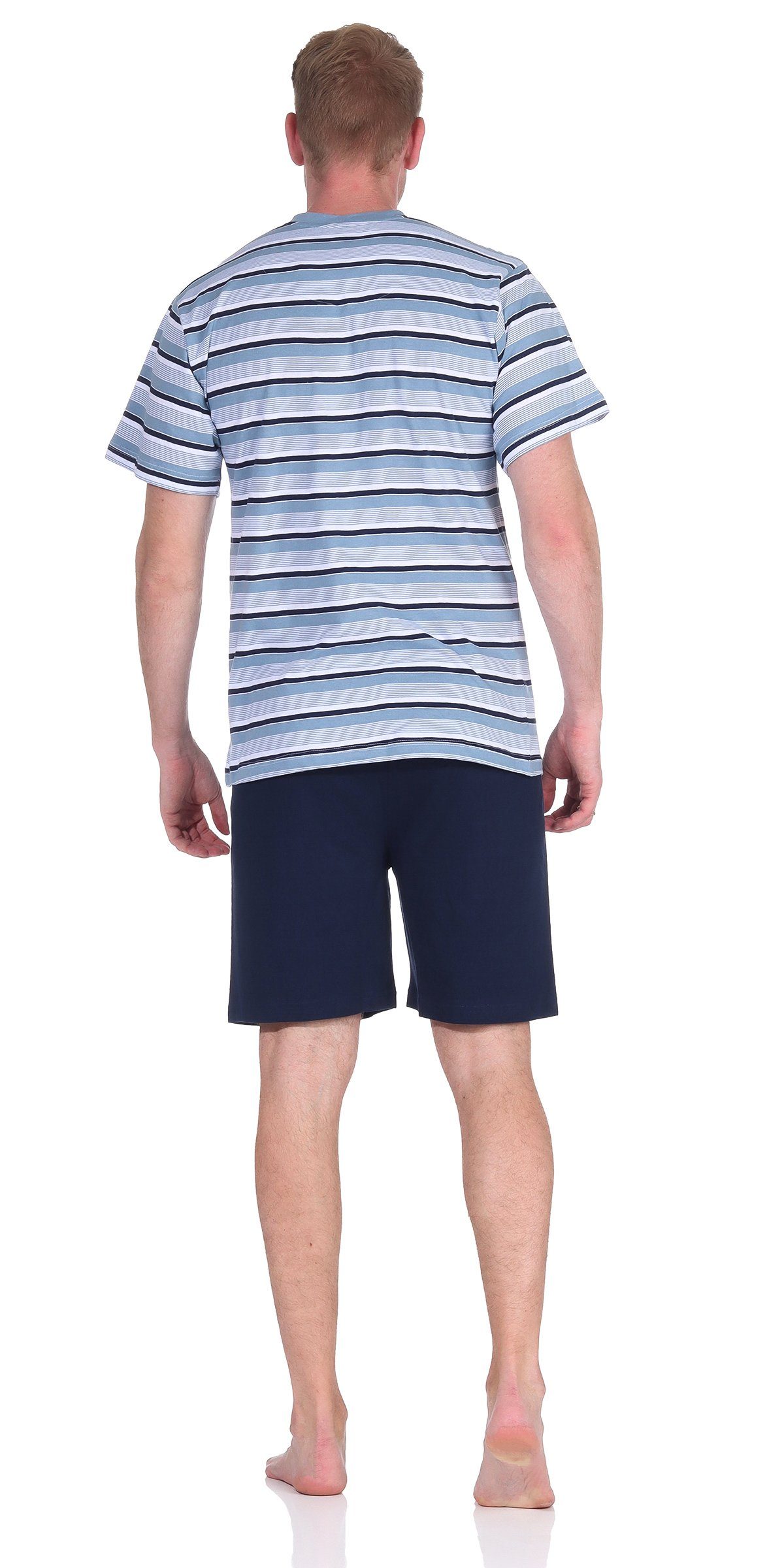 Moonline Shorty Herren Schlafanzug 100% Shorty Kurzarm V-Ausschnitt Single-Jersey mit Baumwolle Blau