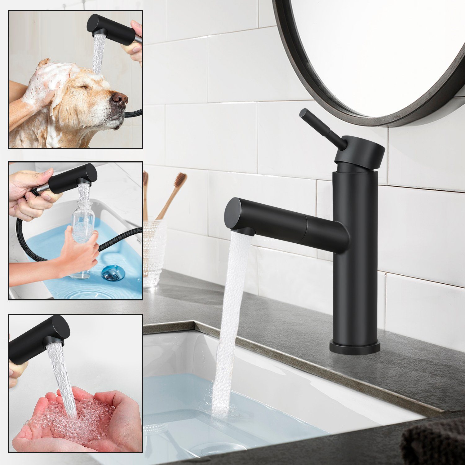ZMH Waschtischarmatur Bad Schwarz Wasserhahn Ausziehbar Brause Mischbatterie Küche (Set, 1-St., Wachtischarmtur) Set 1 -St. Wachtischarmtur