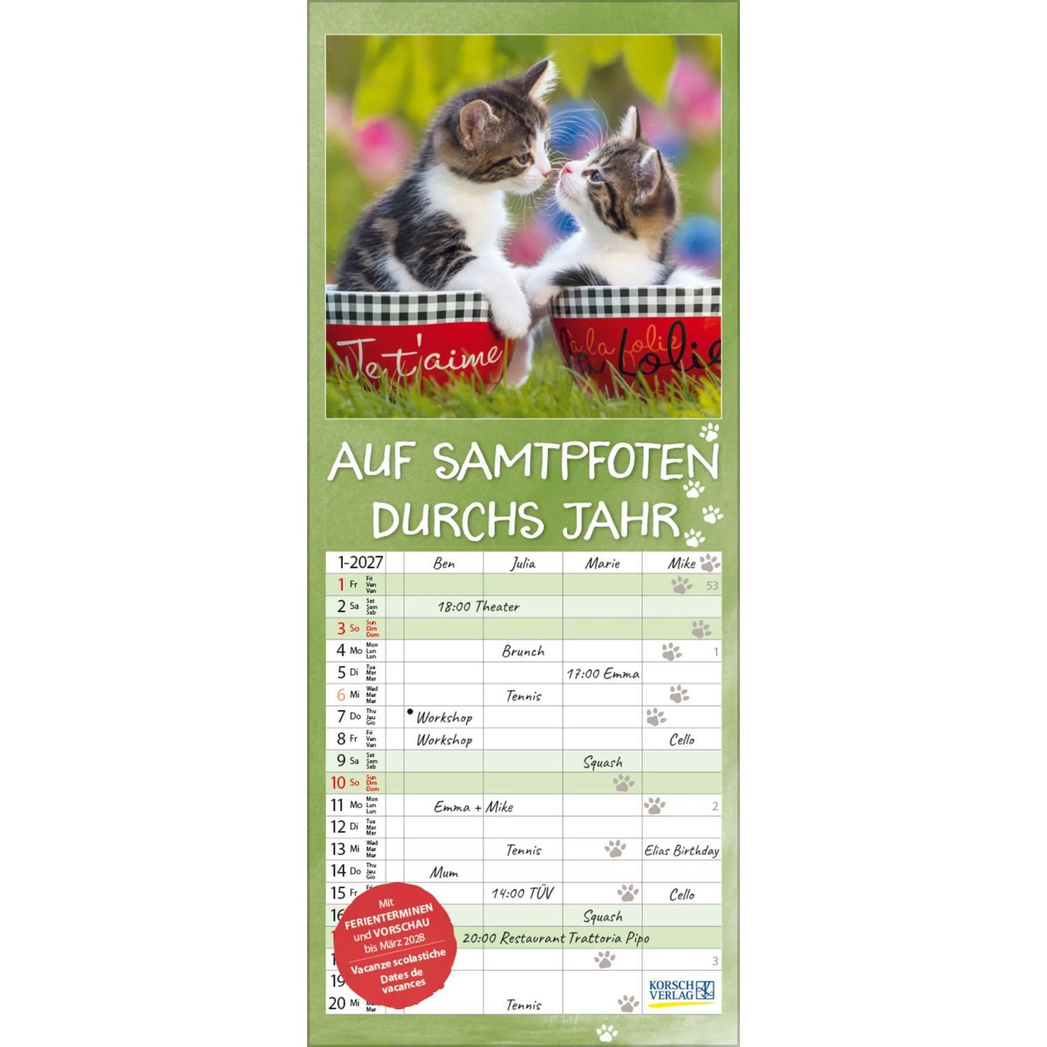 Korsch Verlag Wandkalender Auf Samtpfoten durch's Jahr 2027