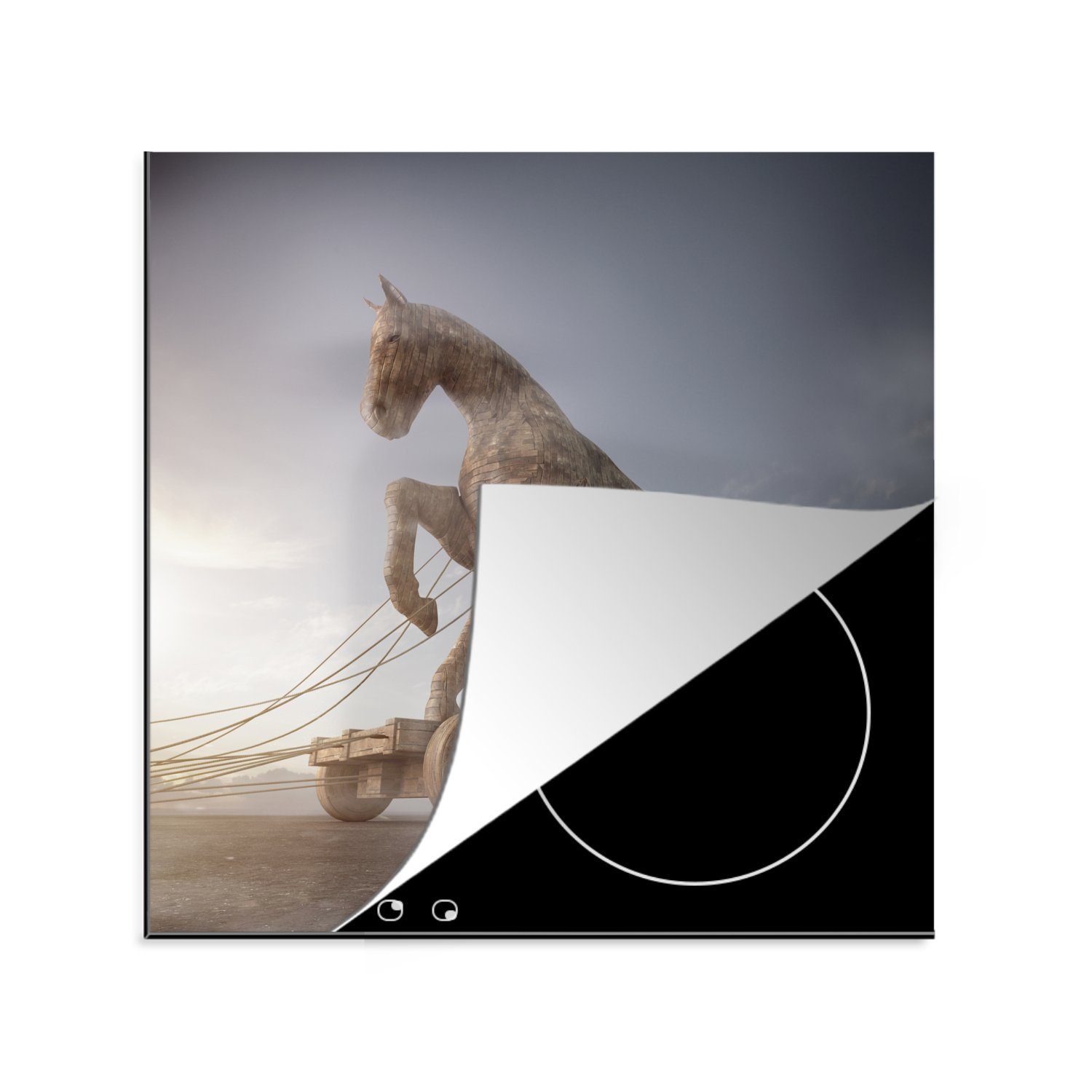 MuchoWow Herdblende-/Abdeckplatte Das trojanische Pferd auf einem Wagen, Vinyl, (1 tlg), 78x78 cm, Ceranfeldabdeckung, Arbeitsplatte für küche