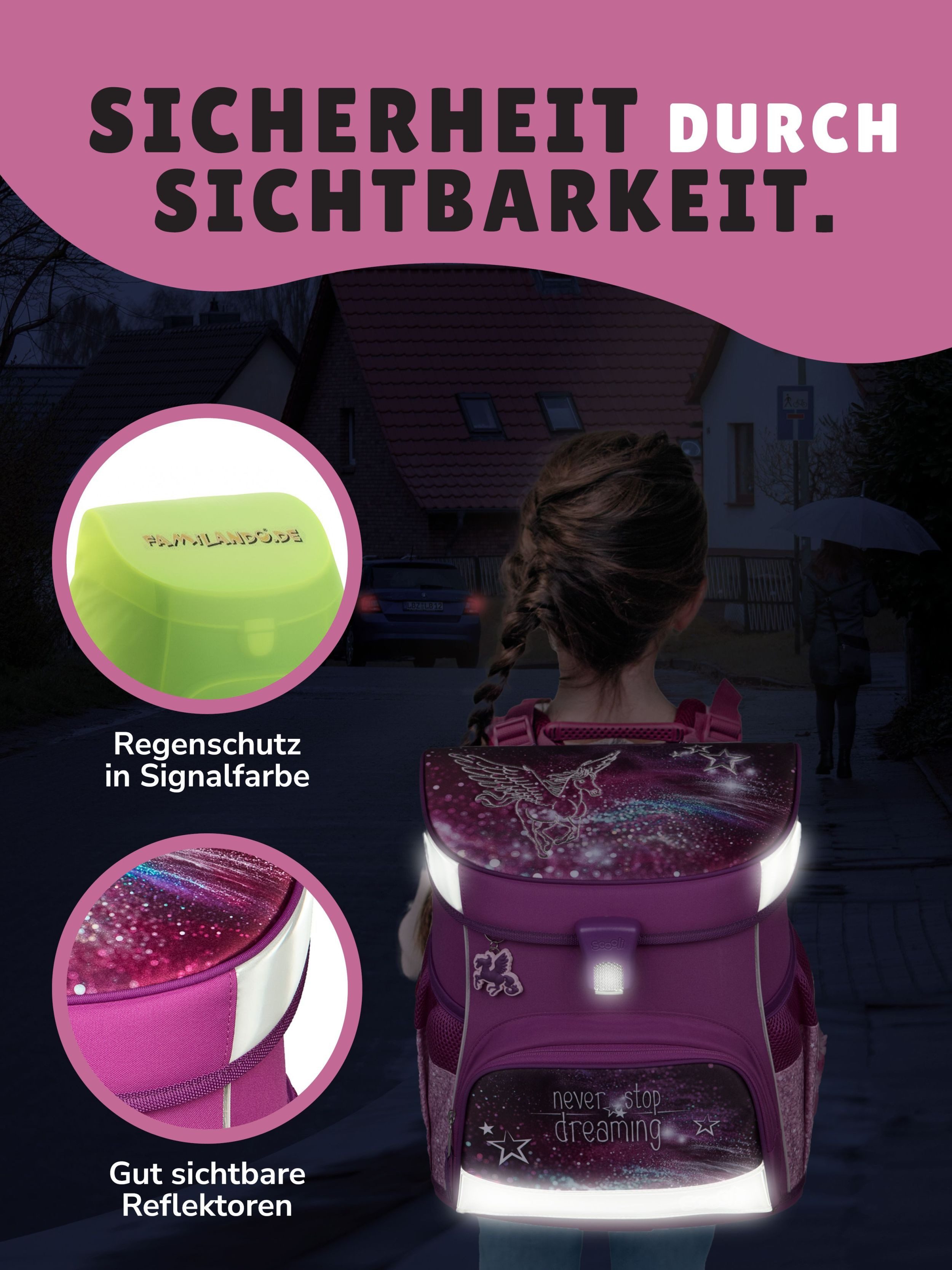 Scooli Schulranzen CampusFit Schultasche ab der 1. Klasse, Grundschule, Motiv für Mädchen (Set, 5-tlg., inkl. Federmappe), 980 Gramm; mit Brustgurt; 18L Volumen; Lila/Violett mit PEGASUS Pferd