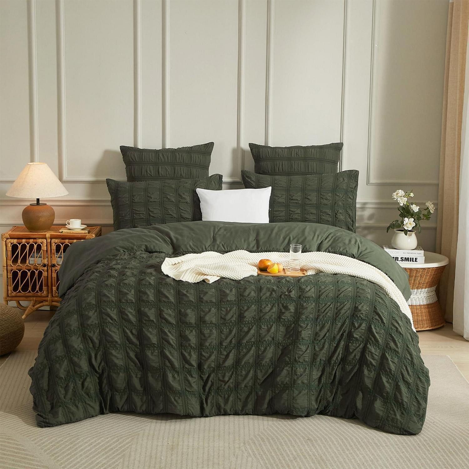 LuxusKollektion Bettwäsche Bettwäsche 220x240 Seersucker Kariert Olivgrün