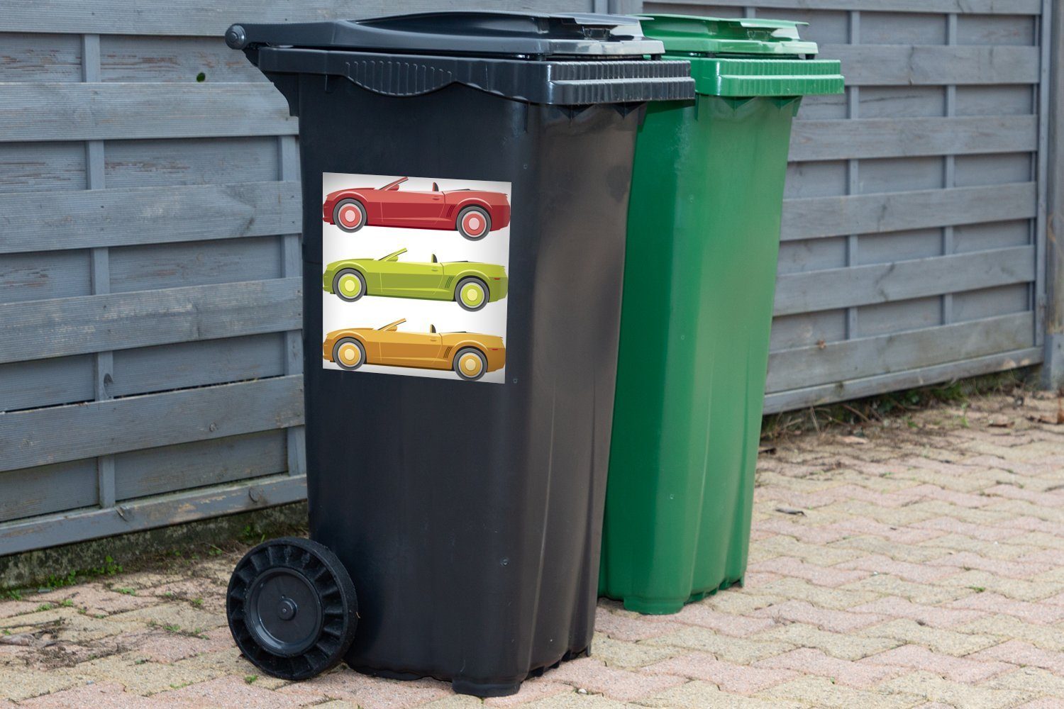 MuchoWow Wandsticker Drei Illustrationen eines (1 Muscle Mülltonne, St), Container, Mülleimer-aufkleber, Abfalbehälter Cars Sticker
