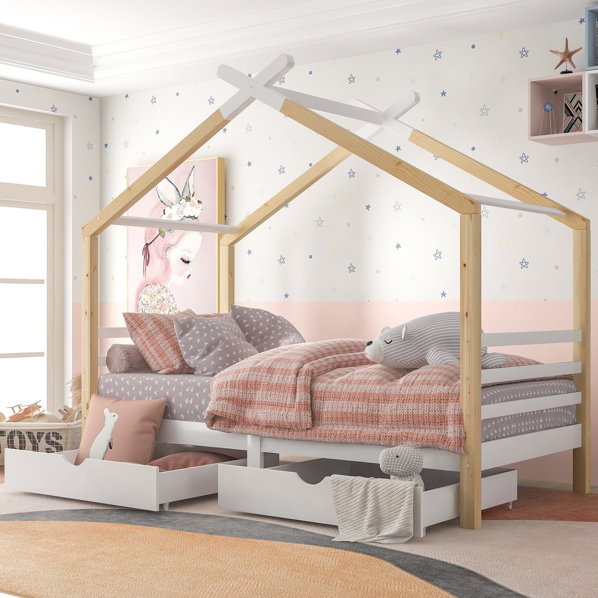 Flieks Kinderbett (1-tlg), Hausbett mit 2 Schubladen Massivholzbett 90x200cm Holzfarbe und Weiß