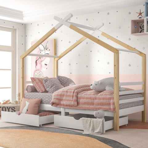 Flieks Kinderbett (1-tlg), Hausbett mit 2 Schubladen Massivholzbett 90x200cm