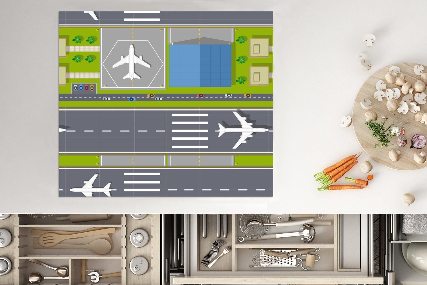 Flughafen - - Design cm, Flugzeug, Mobile 60x52 nutzbar, tlg), Vinyl, Arbeitsfläche Herdblende-/Abdeckplatte Ceranfeldabdeckung (1 MuchoWow