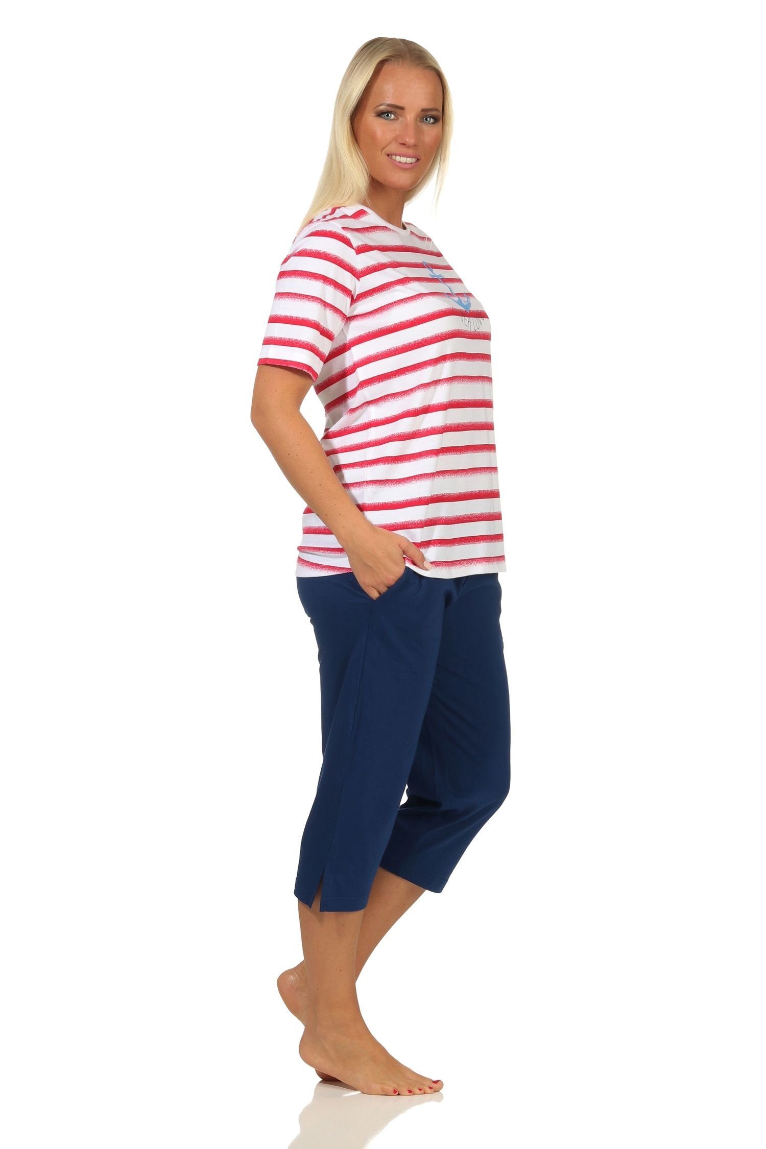 Schlafanzug, Damen Capri Normann rot kurzarm mit Oberteil Maritimer Pyjama Anker Motiv