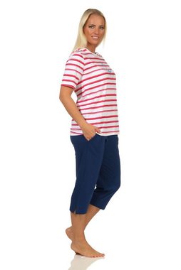 Normann Pyjama Maritimer Damen kurzarm Capri Schlafanzug, Oberteil mit Anker Motiv