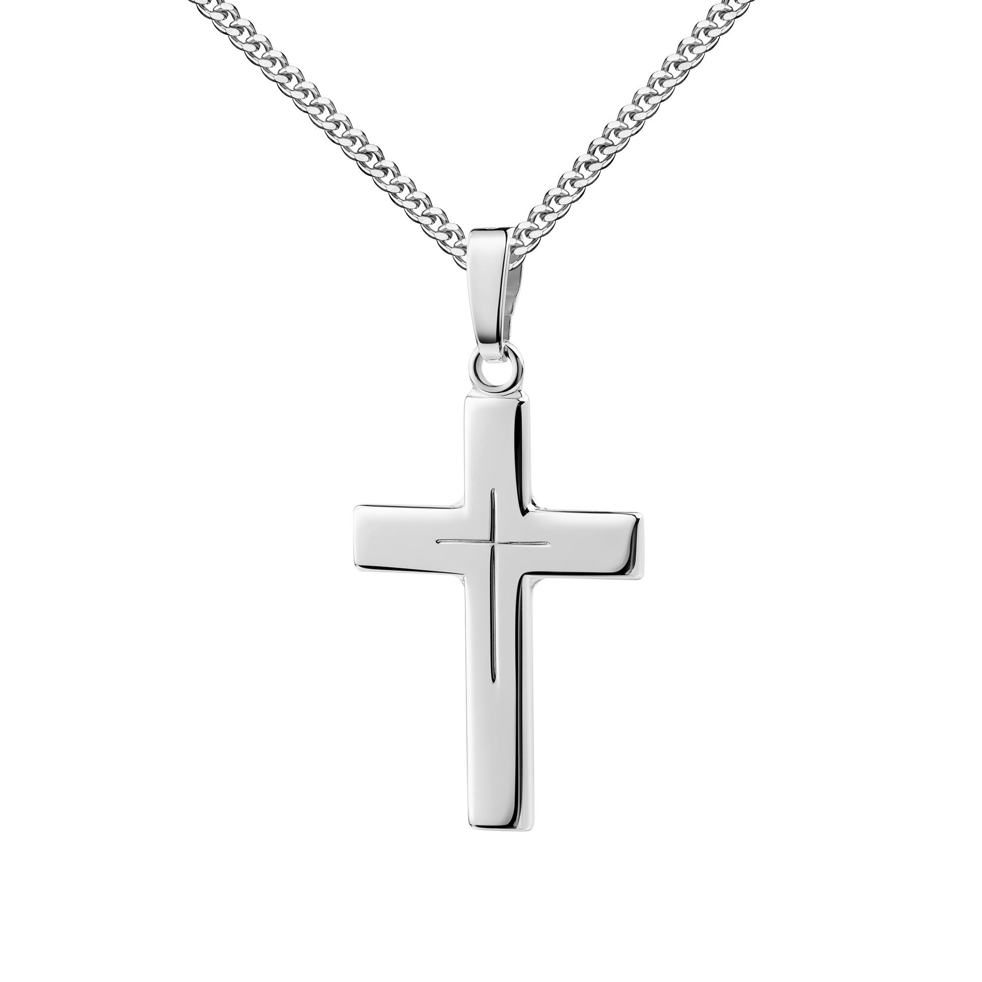 JEVELION Kreuzkette Kreuzanhänger 925 Silber - Kreuz mit Kreuzgravur - Made in Germany (Silberanhänger, für Damen und Mädchen), Mit Silberkette 925 - Länge wählbar 36 - 70 cm oder ohne Kette.