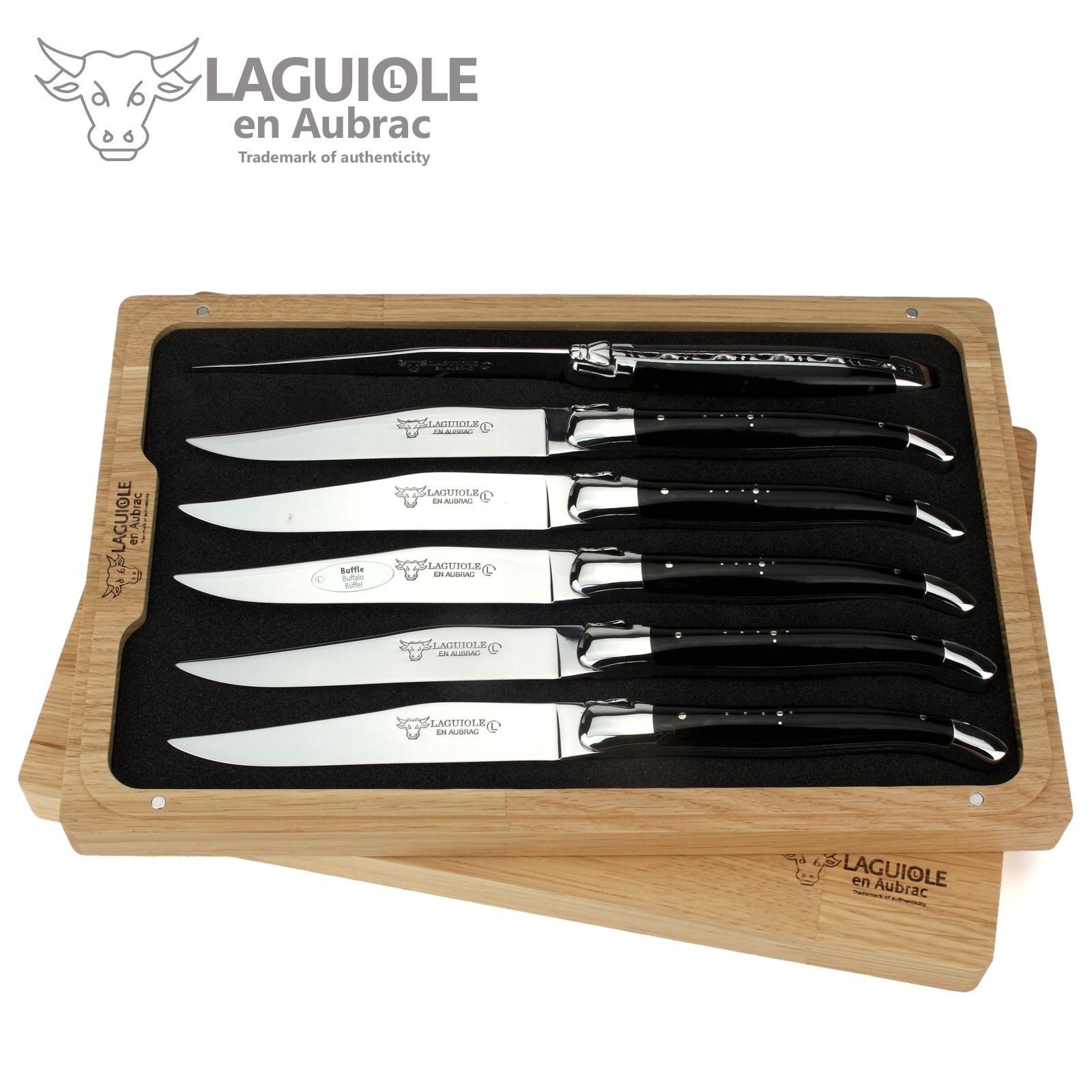 Laguiole en Aubrac Steakmesser 62C99BUIH 6er Set - Griff Büffelhorn - Backen glänzend - Klinge glanz - Holzbox