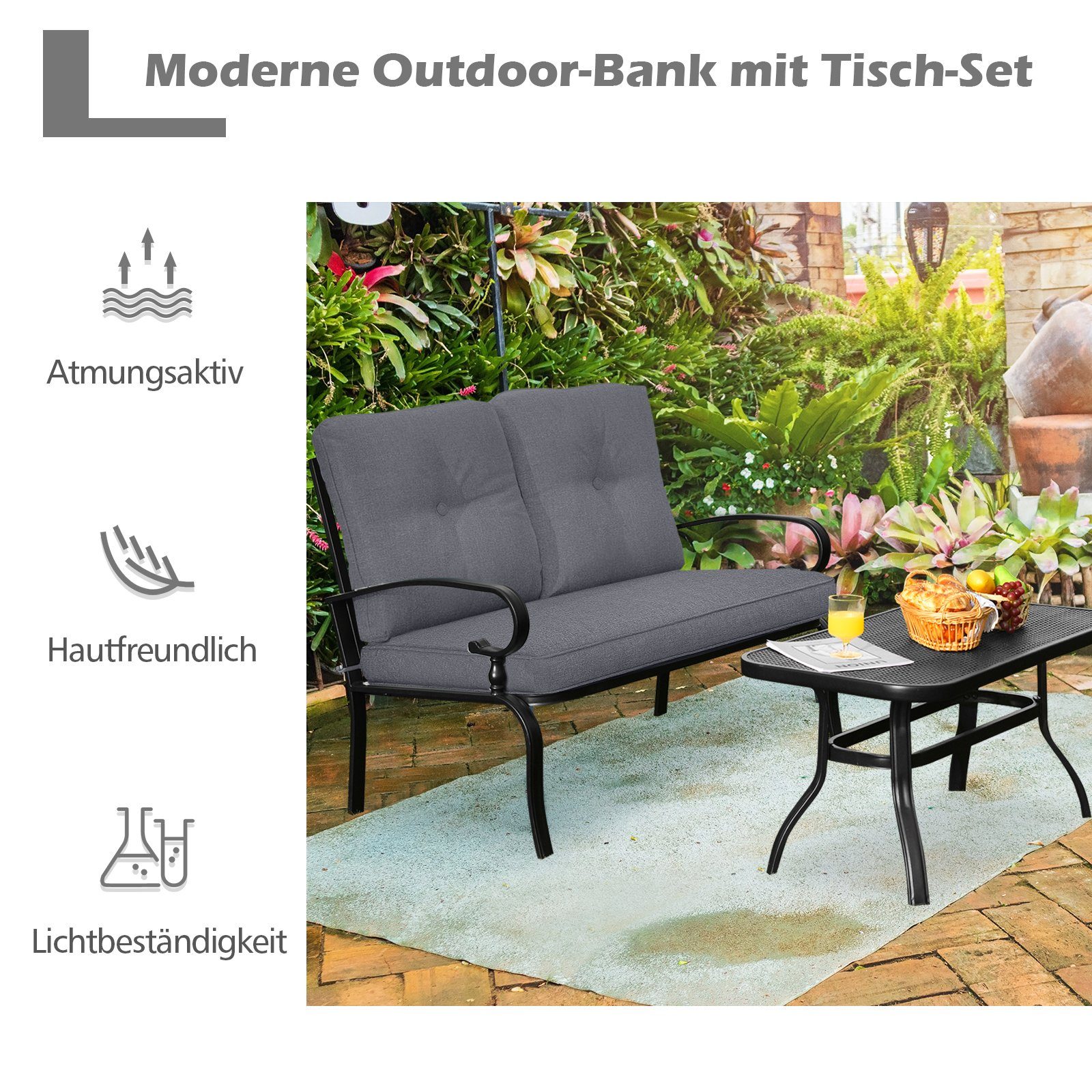 COSTWAY Gartensessel Couchtisch mit (3-St), Gartenbank Sitzgruppe 2-Sitzer