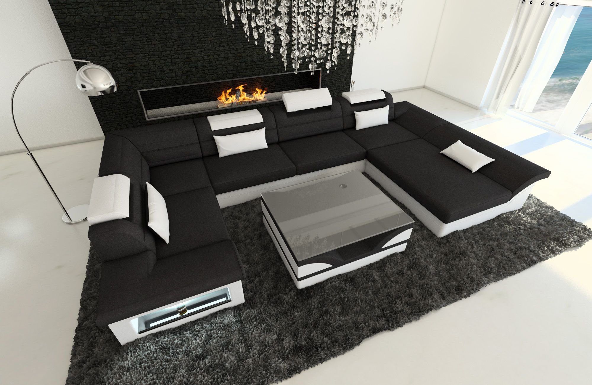 Sofa Dreams mit Designersofa Polster Enzo Bettfunktion Form U Sofa als mit C33 Couch LED, Schlafsofa, Stoff wahlweise Stoffsofa, Schwarz-Weiss Wohnlandschaft