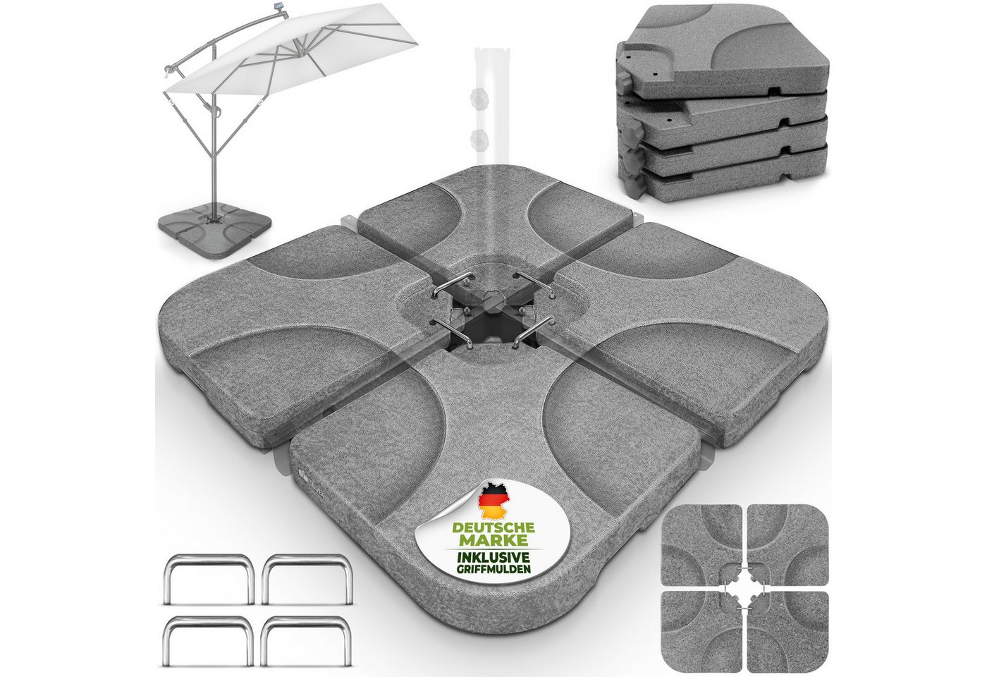 tillvex Sonnenschirm tillvex® Sonnenschirmständer 60L / 80kg Schirmständer Schirmgewicht, Schirmständer Ampelschirmständer wetterfest, inkl. Metallverbinder Schirmgewicht befüllbar, Sonnenschirmständer 60 Liter / 80 kg – 4-teilig für Ampelschirm