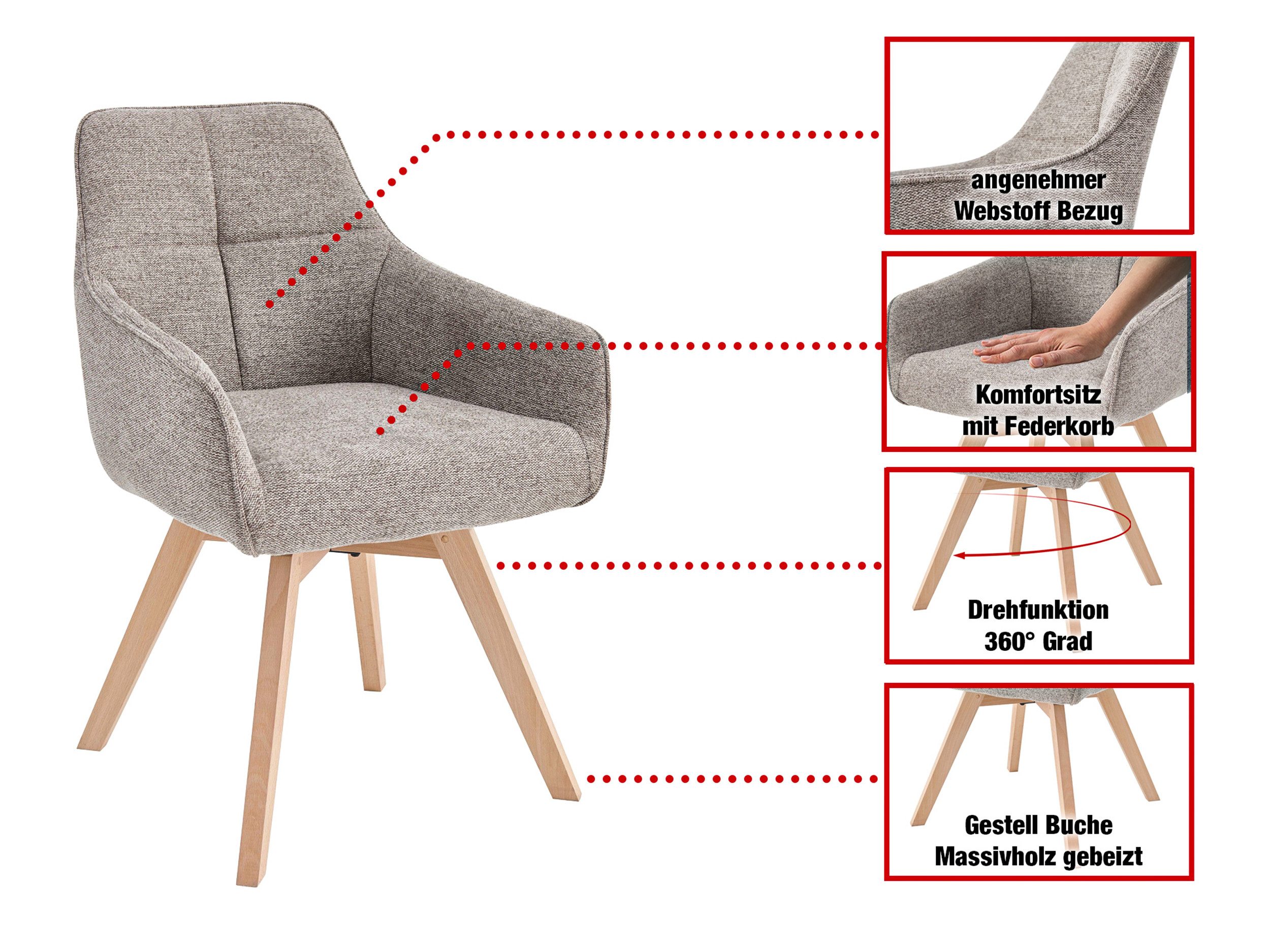Massivart® Polsterstuhl 360 Grad drehbar, Esszimmerstuhl mit Armlehnen, Webstoff, »LIPARI«, Sitz fest gepolstert • Federkorb • Gestell Eiche farbig • BOHO Stil