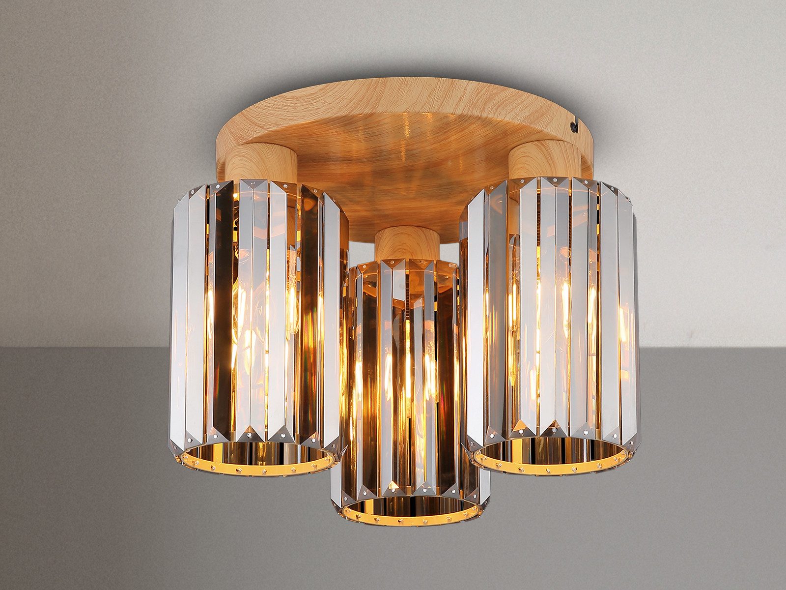 NOWA LED Deckenleuchte 3 Schirme mit Rauchglas Kristall Ø 35cm, Dimmfunktion, LED wechselbar, Warmweiß, ausgefallene Deckenleuchte 3-flammig, Baldachin Metall in Holzoptik