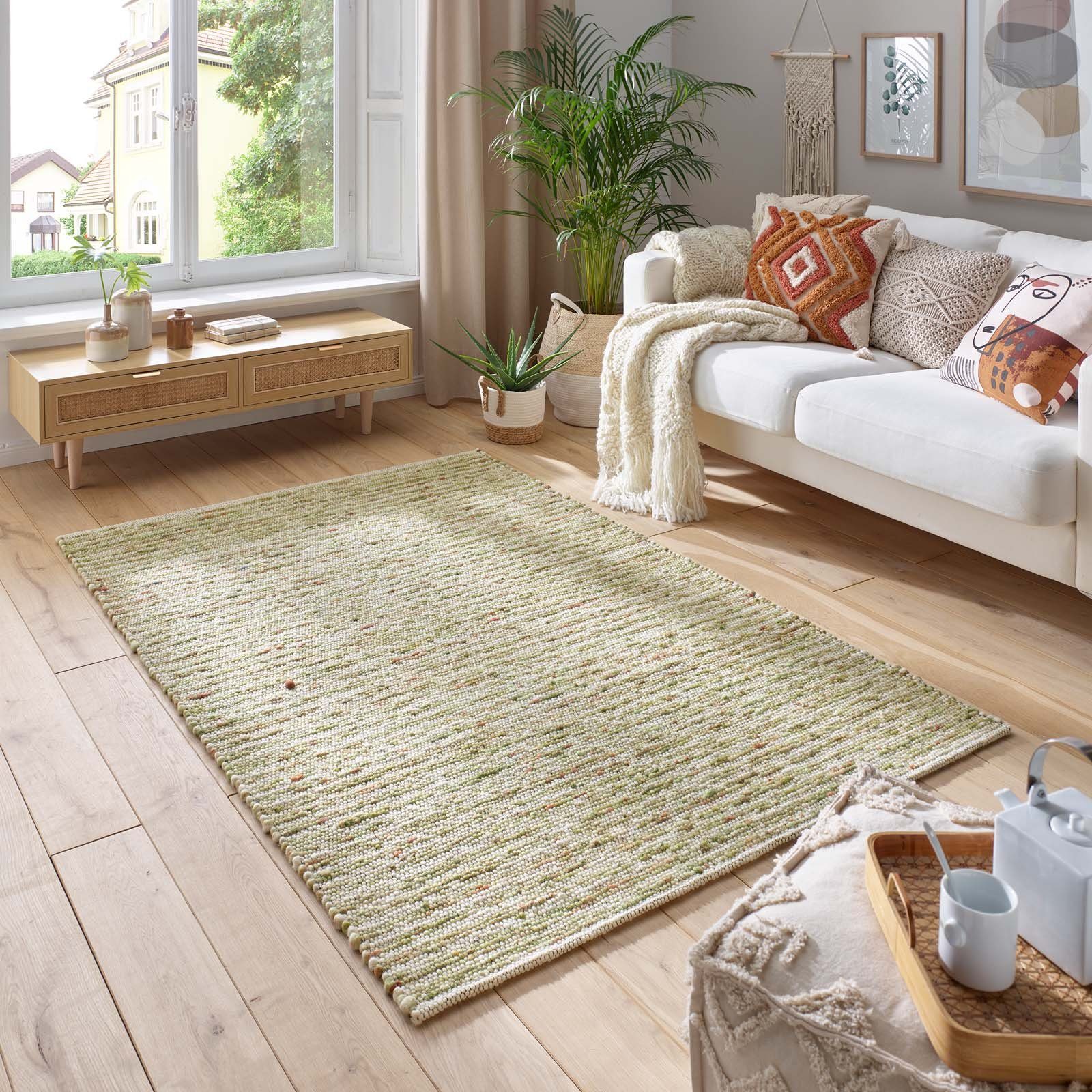 TaraCarpet Wollteppich TaraCarpet Neidenfels handgewebter Schurwollteppich mit schwarzer, rechteckig, Höhe: 9 mm, gewalkt Schurwoll-Teppich grün terra Wohnzimmer Schlafzimmer 070x130