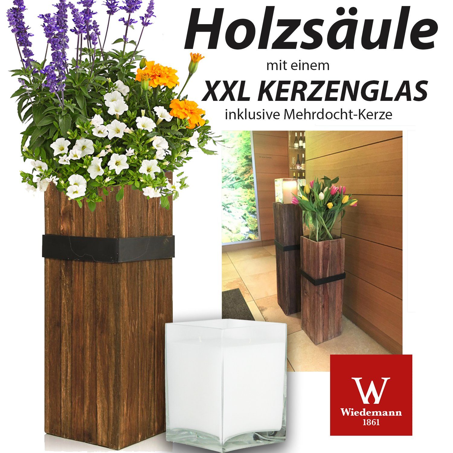 Wiedemann Kerzen Standkerzenhalter Wiedemann Holzsäule inkl. Kerzenglas, BxHxT = 30 x 30 x 50 cm