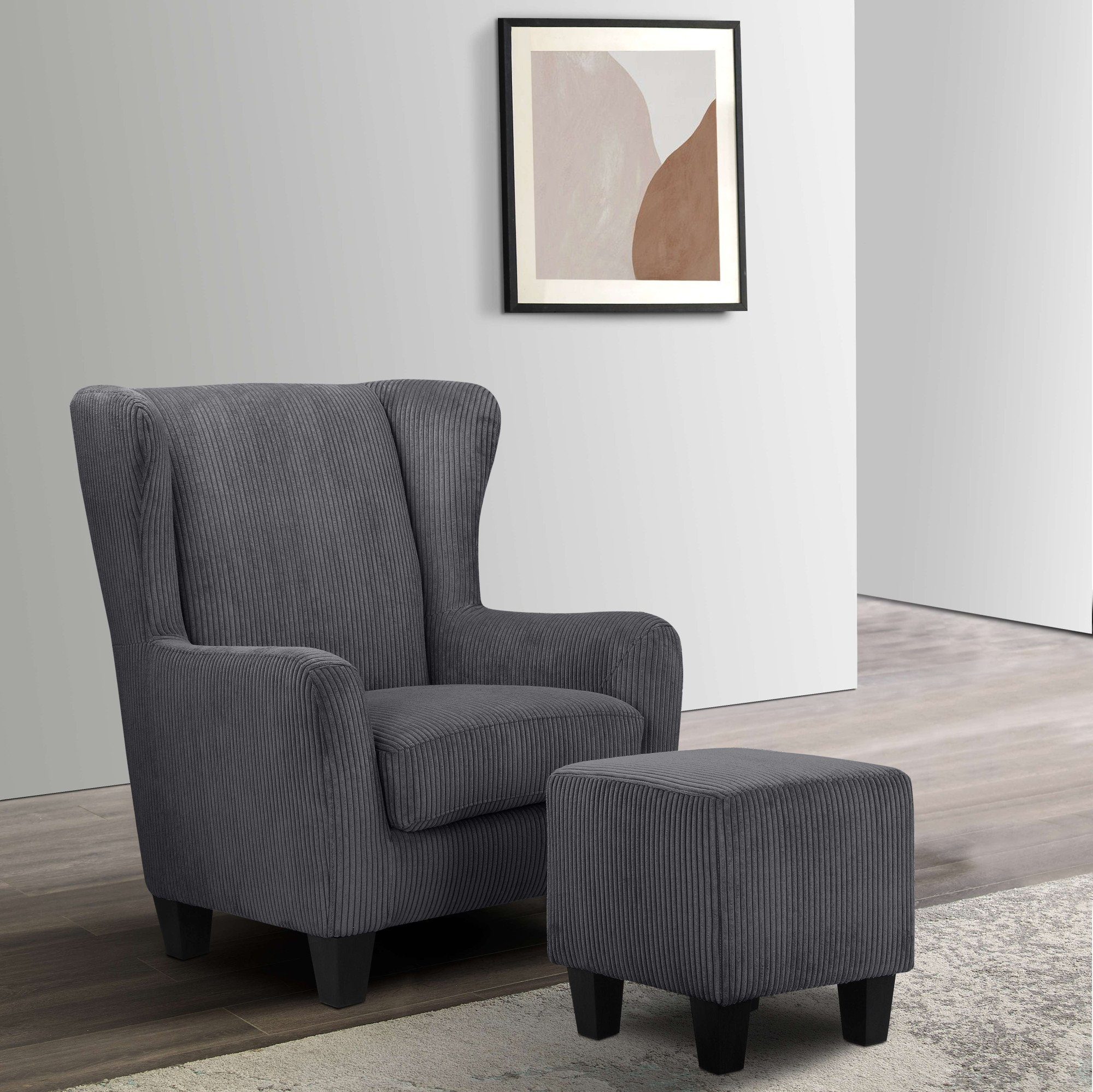 Ohrensessel CHILLY, Sessel mit Hocker und Federkern-Polsterung Breitcord Anthrazit - Einrichtungsbeispiel