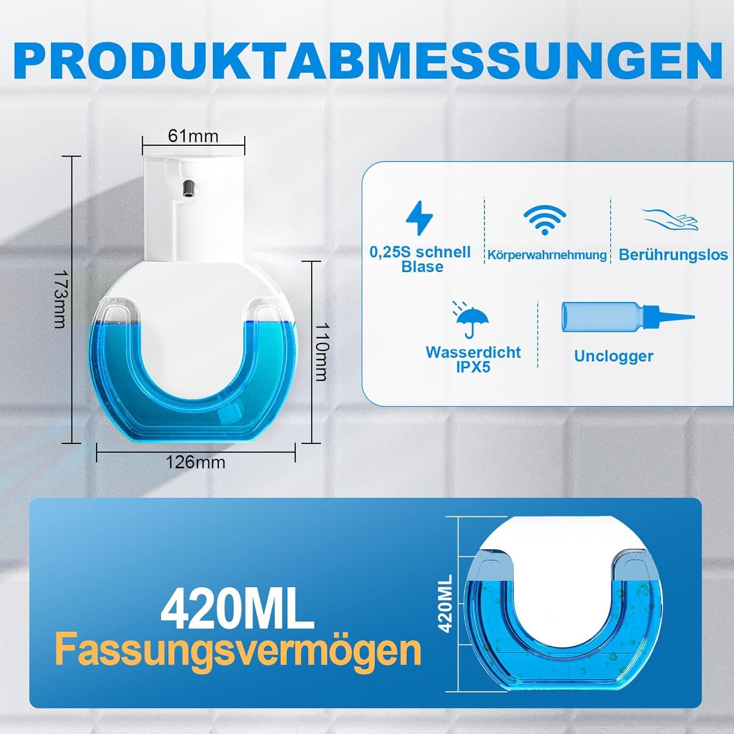TUWENA Seifenspender Automatisch Wandbefestigung 420ML Elektrischer Soap Dispenser No Touch, (1-tlg), mit USB Wiederaufladbar, IPX5 Wasserdicht