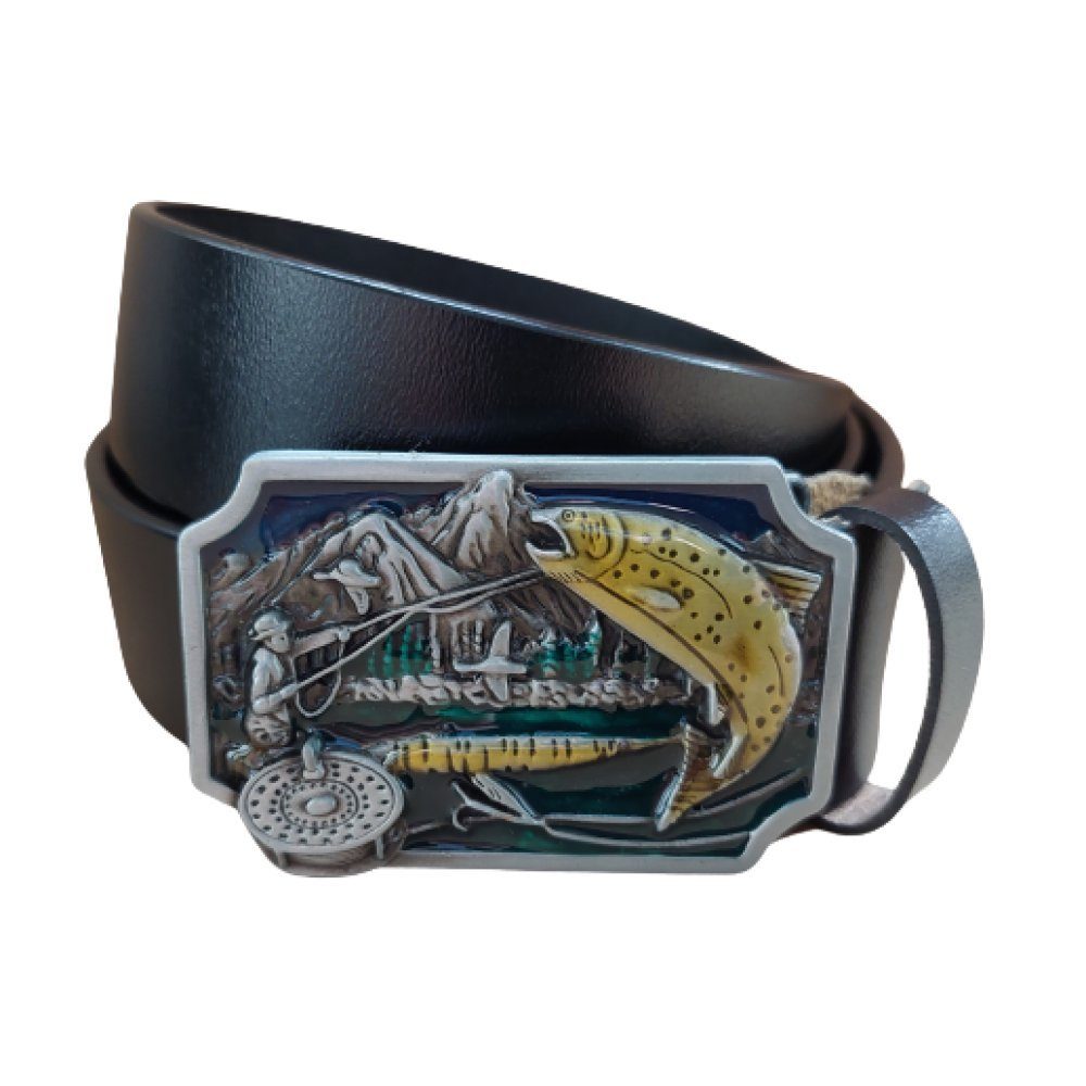 Ware aus aller Welt Ledergürtel Wechselgürtel Gürtel mit Angler Gürtelschnalle Fischer Buckle