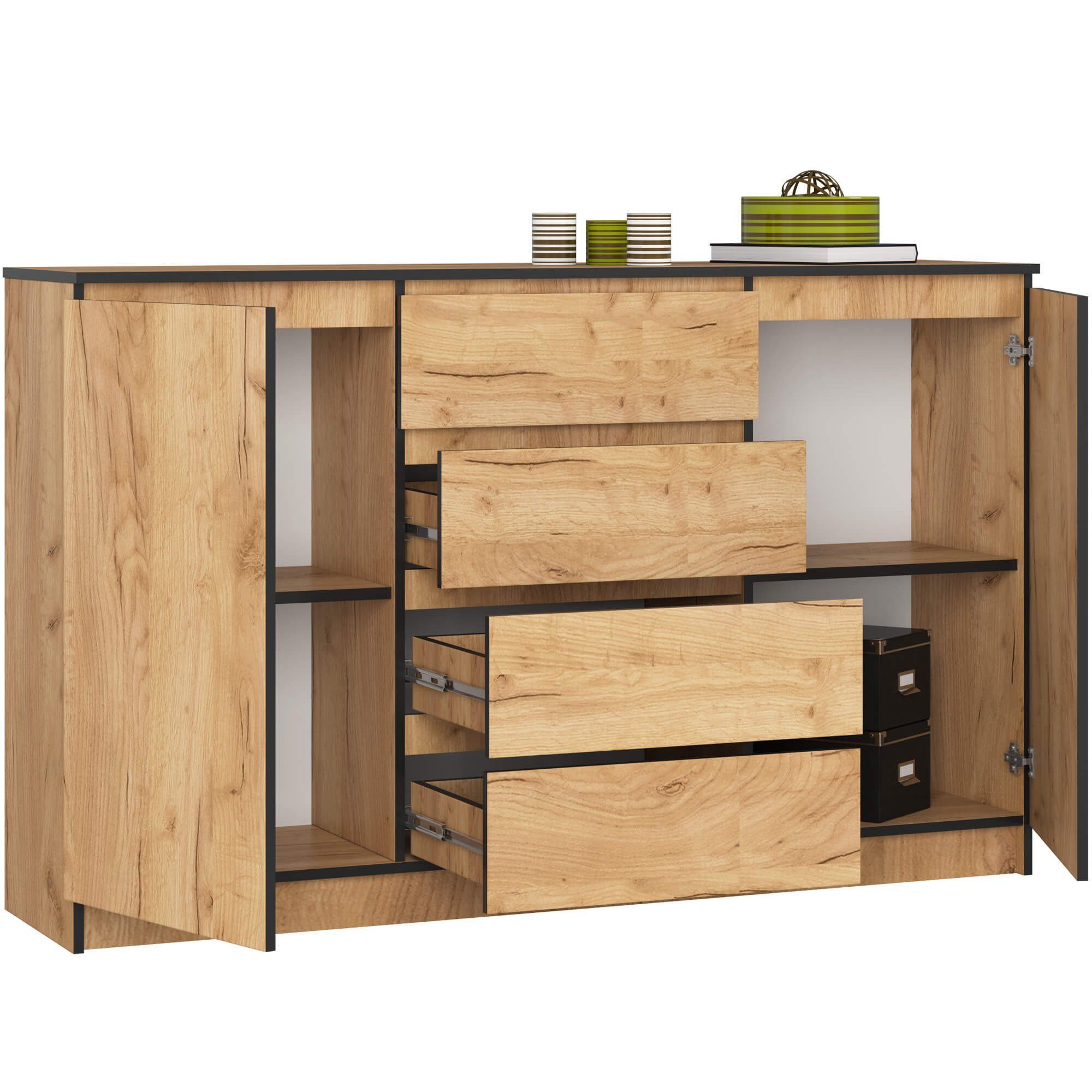 Raumhirsch Furniture Kommode mit 4 Schubladen, zwei Schranktüren, 160 cm breit Holz Schrank, (viele Farbvarianten - Maße: 160 x 99 x 40 cm) - Hochwertig & stabil