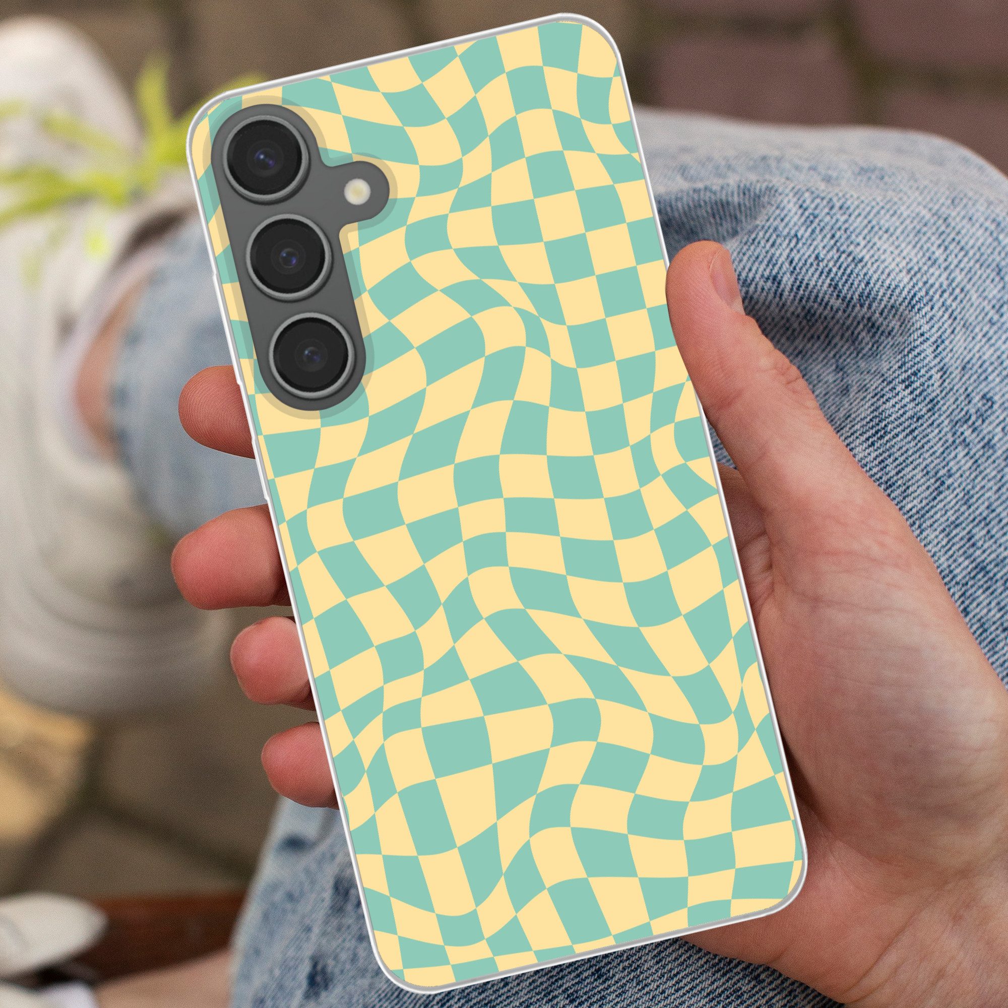 MuchoWow Handyhülle für Samsung Galaxy S24 Plus Quadratisches Muster - Gelb - Blau - Welle, Phone Case, Silikon, Schutzhülle Dünn