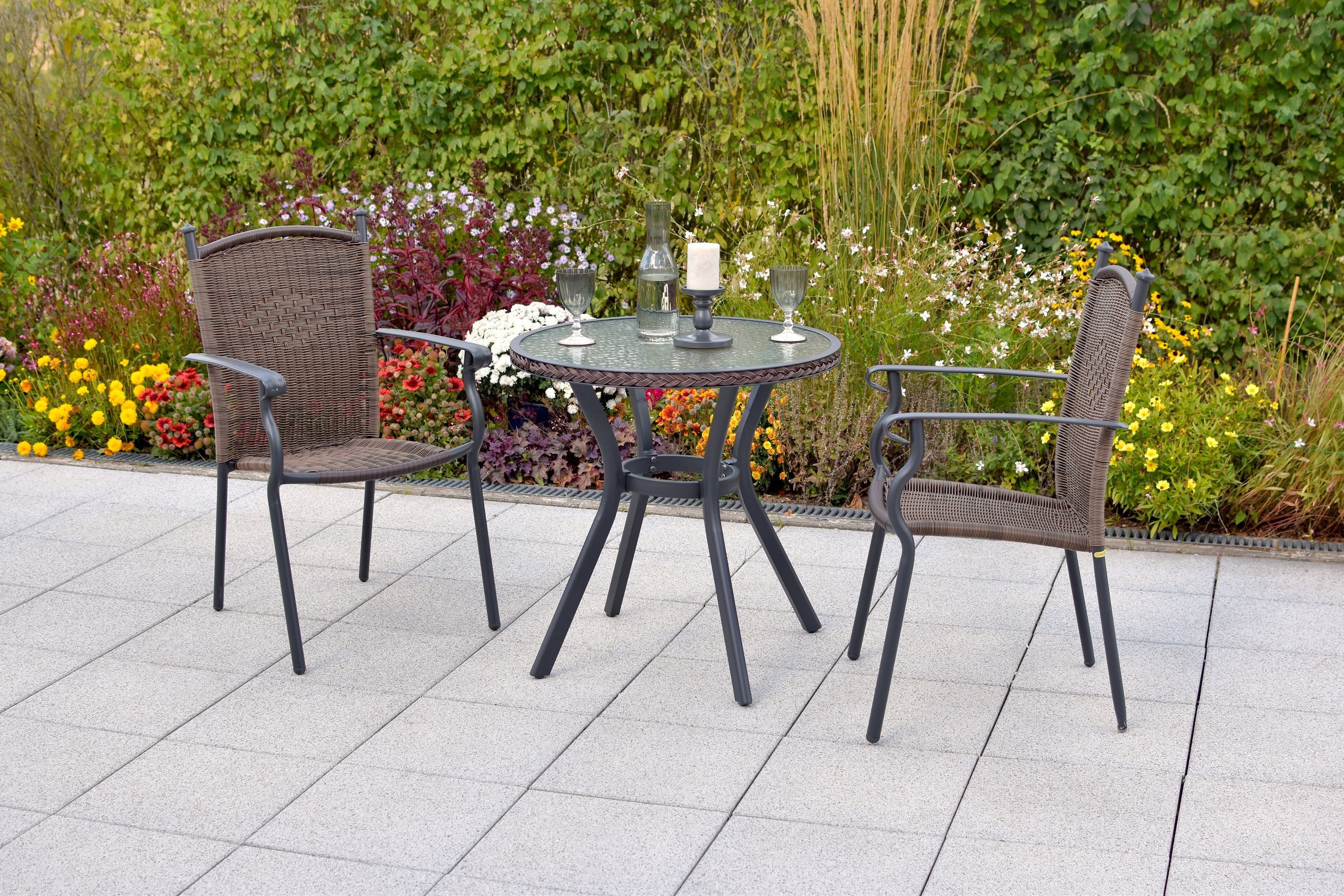 MERXX Garten-Essgruppe »Roma«, (Set, 3-tlg., Pulverbeschichtetes Aluminiumgestell), Tisch: Øx H: 72x73 cm