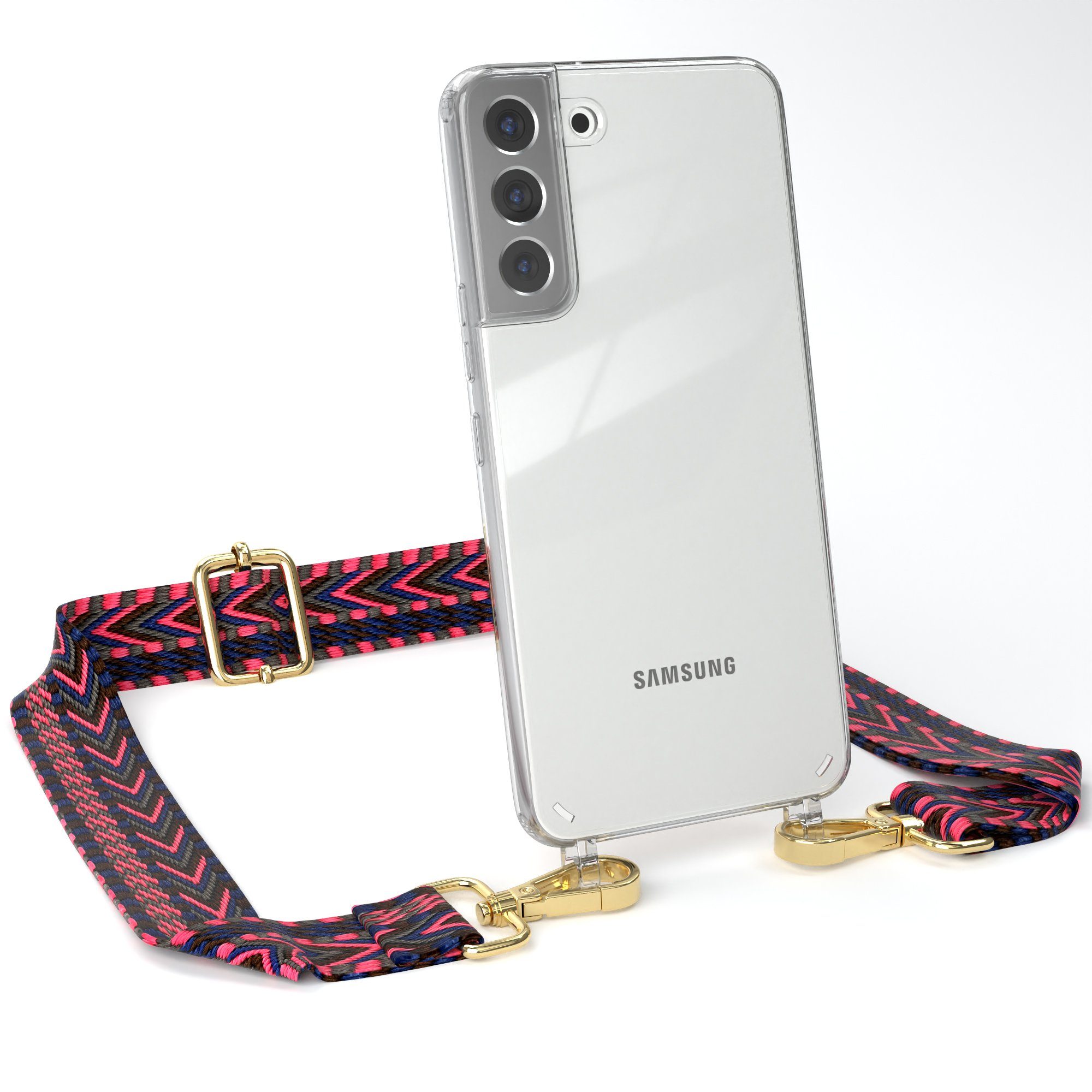 EAZY CASE Handyhülle Samsung Galaxy S22 Plus 5G Chain Eyelets Slim Neck Strap Zig Zag hot 6,6 Zoll, Kameragurt zum Umhängen Handy Case Transparent Silicon Bumper Bag Blau