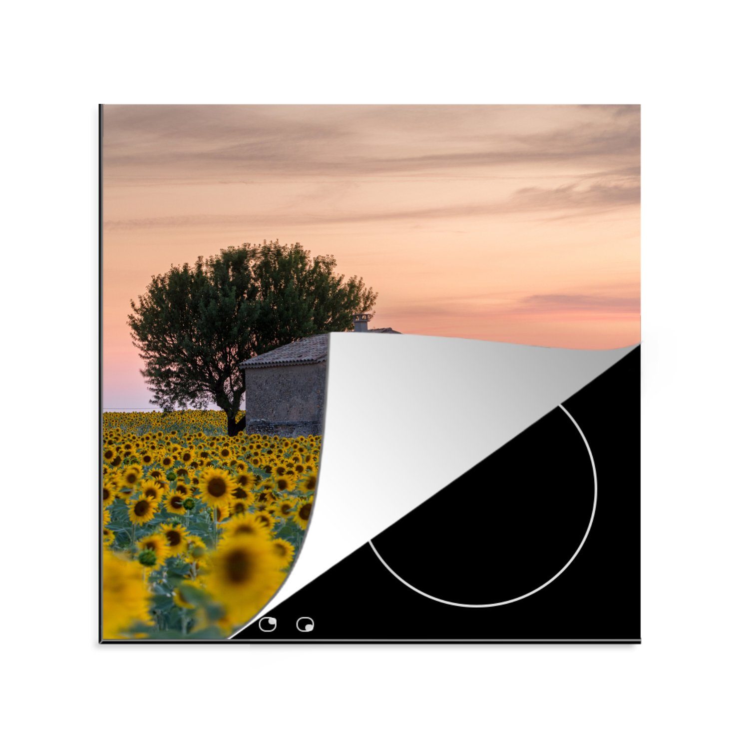für Arbeitsplatte Sonnenblume Vinyl, (1 MuchoWow Frankreich - küche Ceranfeldabdeckung, - 78x78 Herdblende-/Abdeckplatte cm, Scheune, tlg),