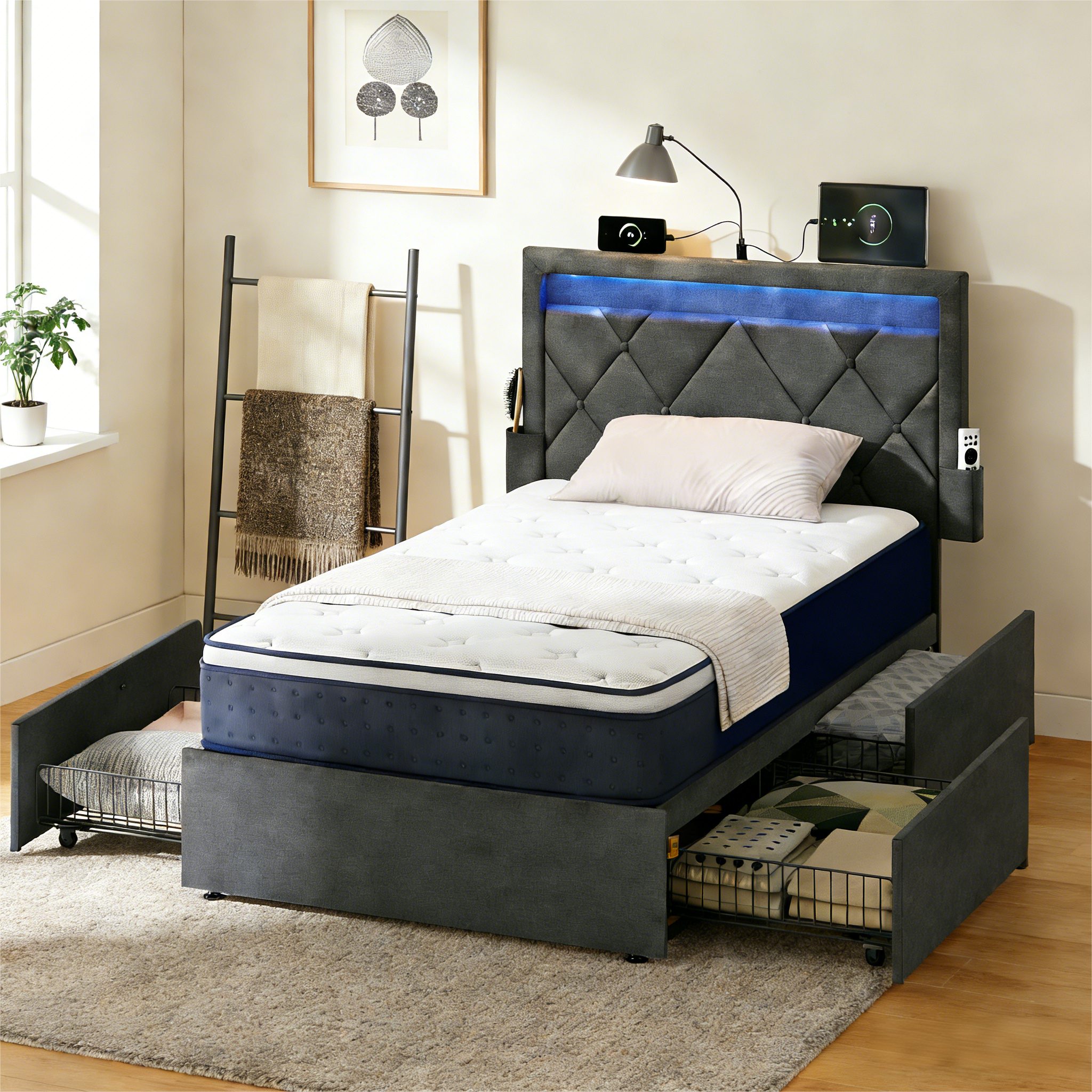 VASAGLE Polsterbett, + Federkernmatratze, LED, Ladestation, in 4 Größen verfügbar