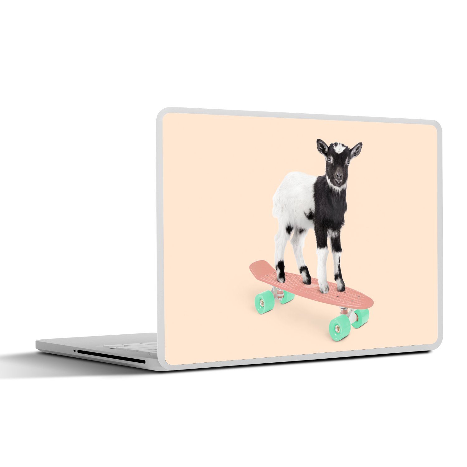 MuchoWow Laptop-Aufkleber Ziege - Schwarz - Skateboard - Weiß - Tiere, (1tlg), Laptop Folien Cover, Aufkleber, Sticker, Schutz vor Kratzern, 30x21 cm