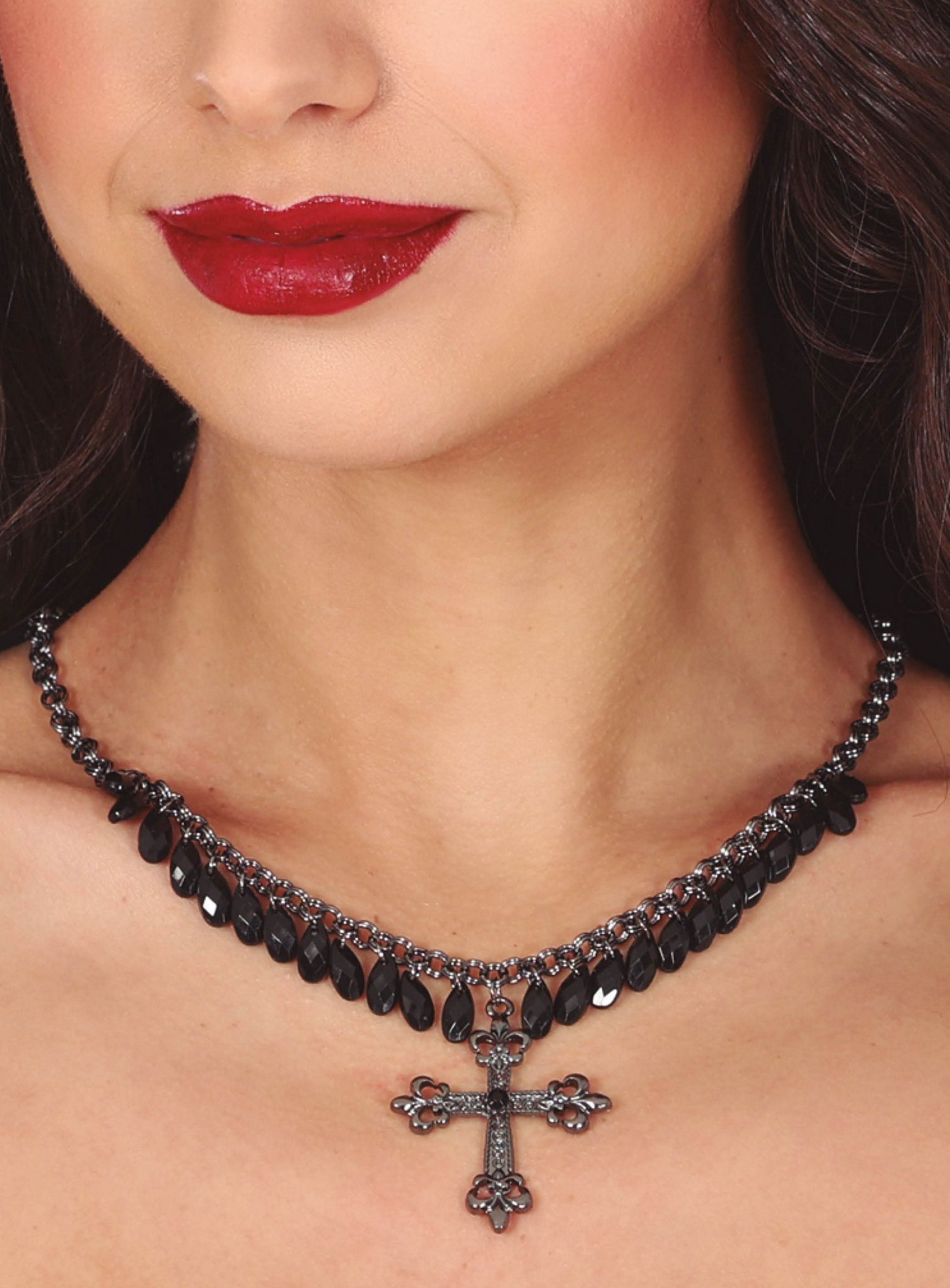 Metamorph Kostüm Kreuz Halskette mit schwarzen Steinen, Schöner Schmuck für barocke Damen mit düsterem Flair