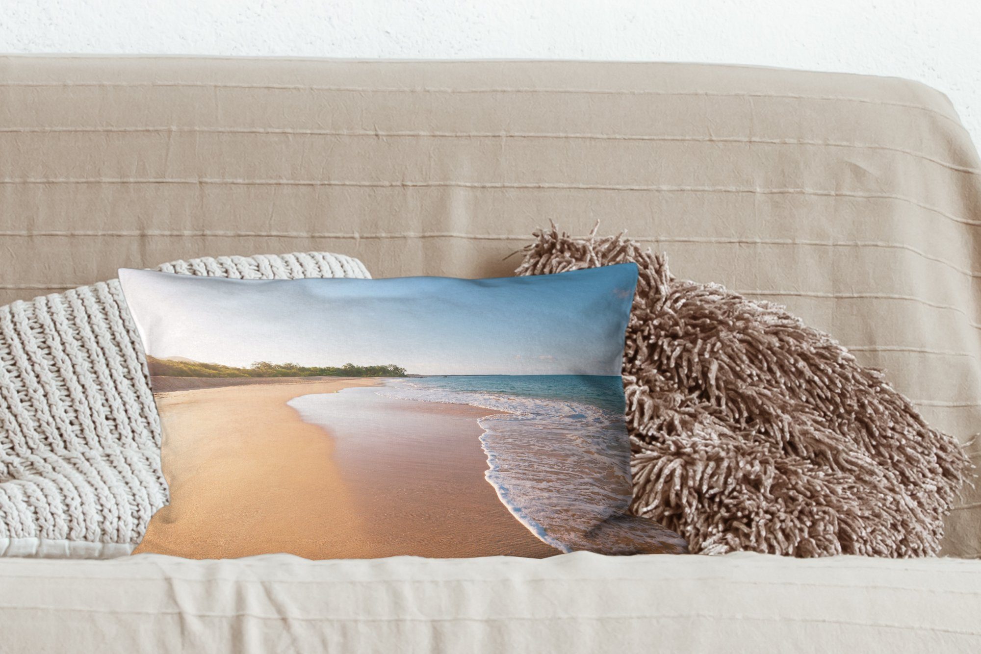 Schlafzimmer Dekokissen MuchoWow Wohzimmer - Dekokissen Zierkissen, Himmel, Strand Füllung, - Dekoration, mit Sand