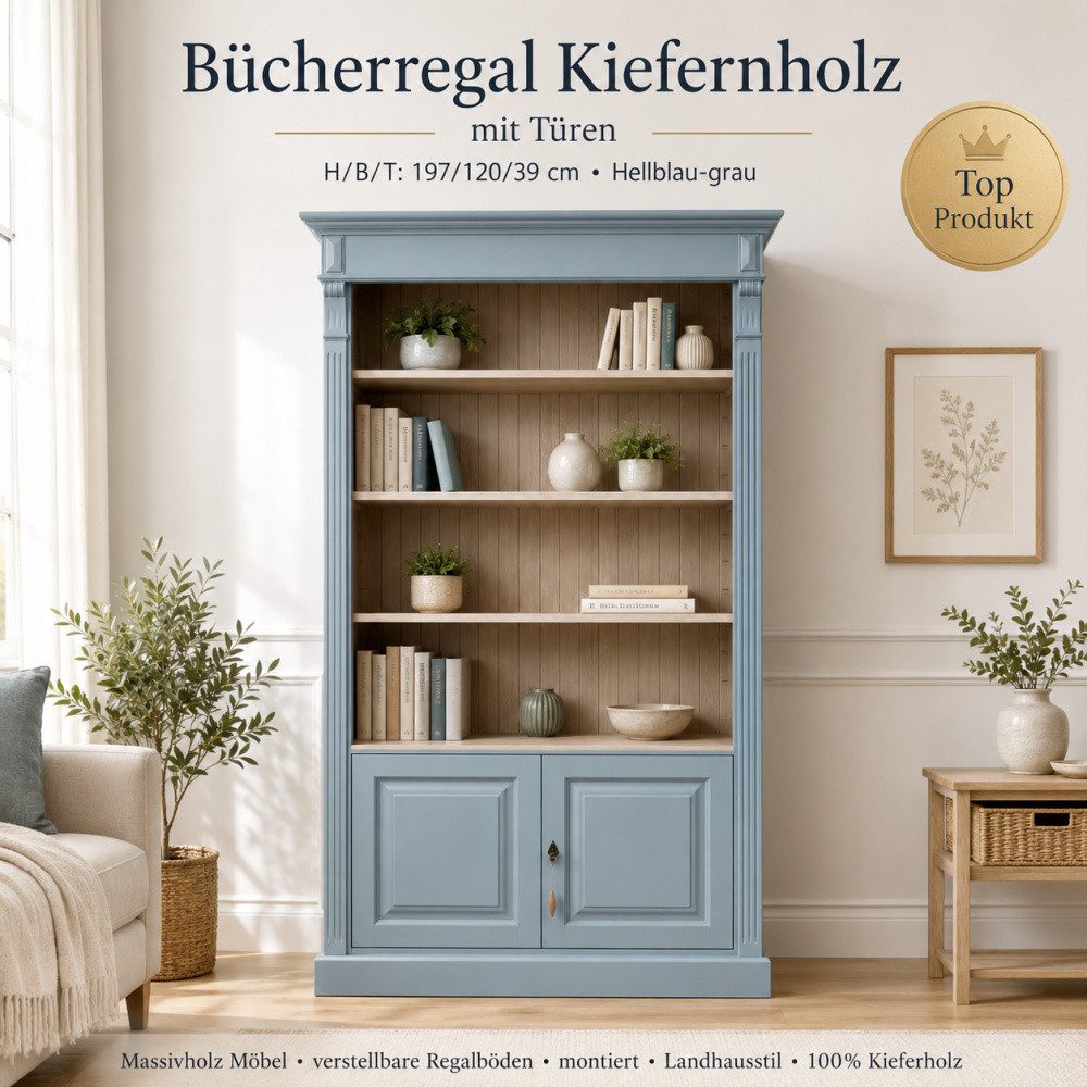 Wohnpalast Bücherregal Bücherregal mit 2 Türen und Regalfläche - Landhaus Regal hellblau