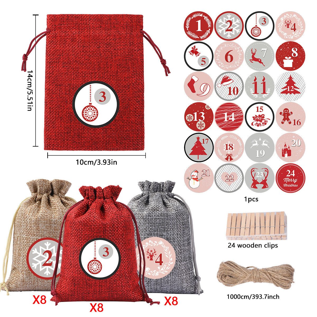 Coonoor befüllbarer Adventskalender 24 Adventskalenderbeutel, Weihnachtszugbeutel, Adventskalender Countdown Zugbeutel Geschenktasche