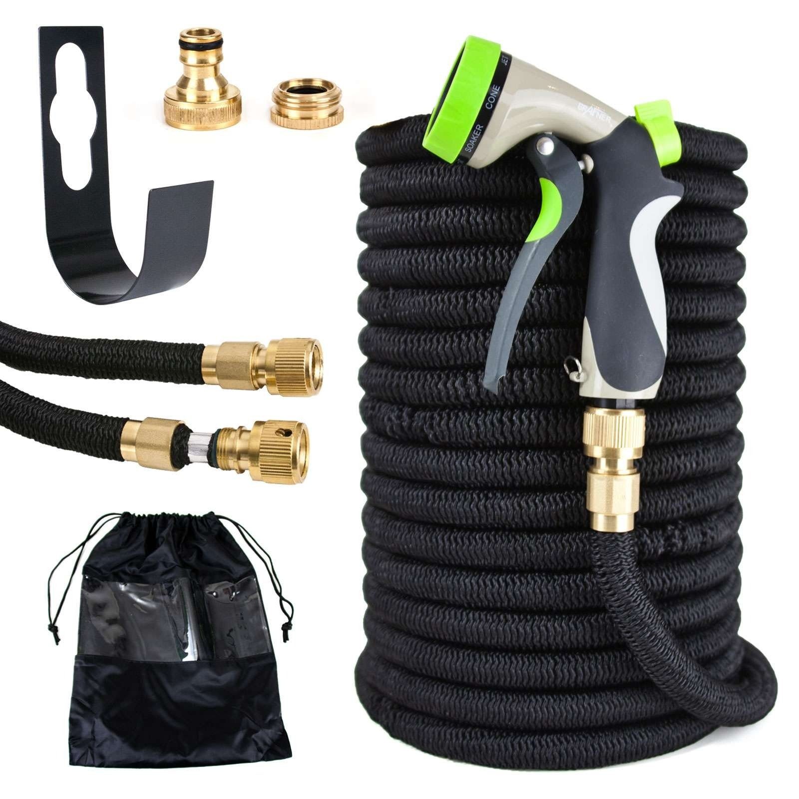 Grafner Gartenschlauch Gartenschlauch dehnbar flexibel 30m Brause Wandhalter schwarz, bis zu dreifache Ausdehnung, 1/2 Zoll Klickanschlüsse