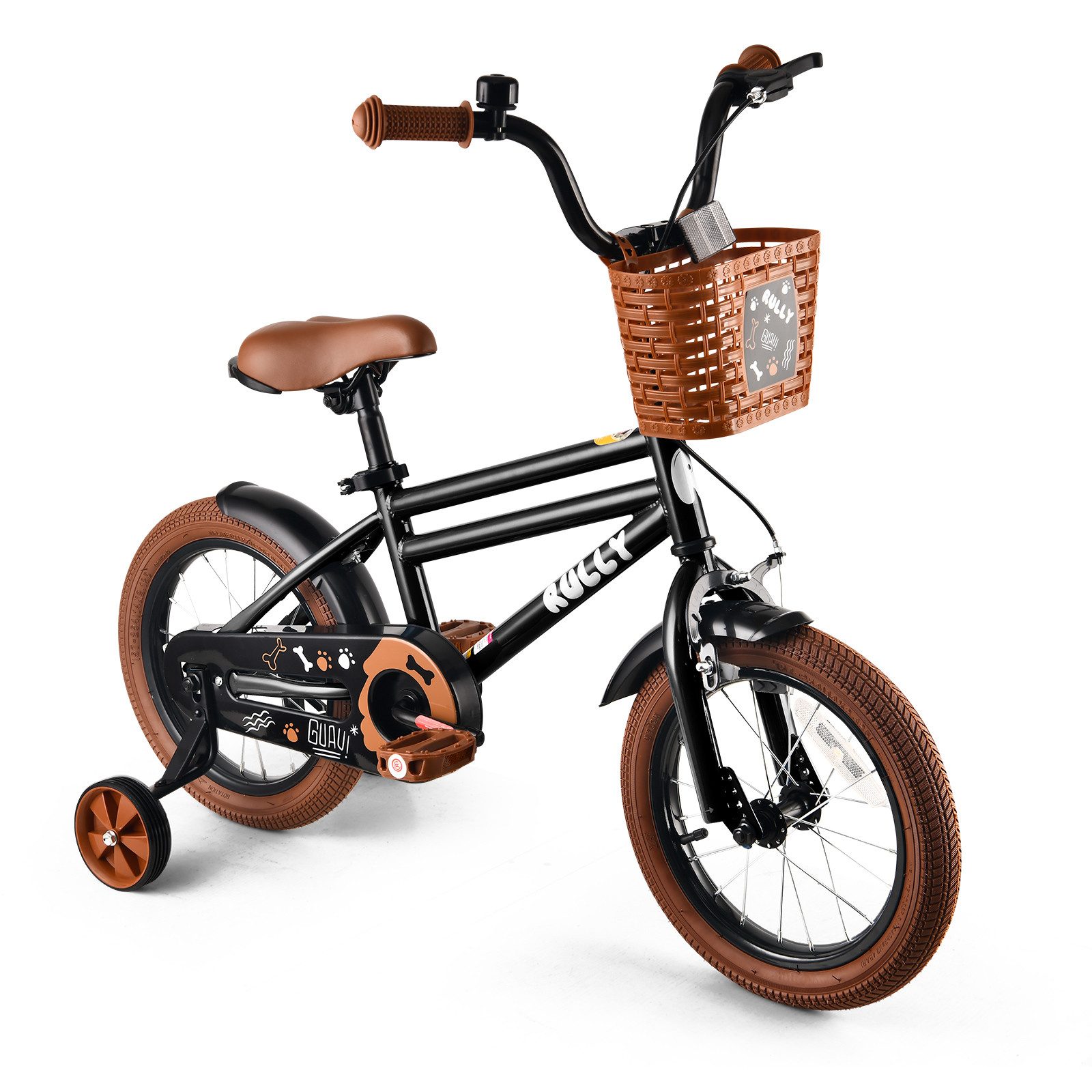 RULLY Kinderfahrrad Kinderfahrrad für Jungen 12–16 Zoll, 2–7 Jahre, 1 Gang, Mit Korb, Stützrädern, Schutzblechen & Klingel