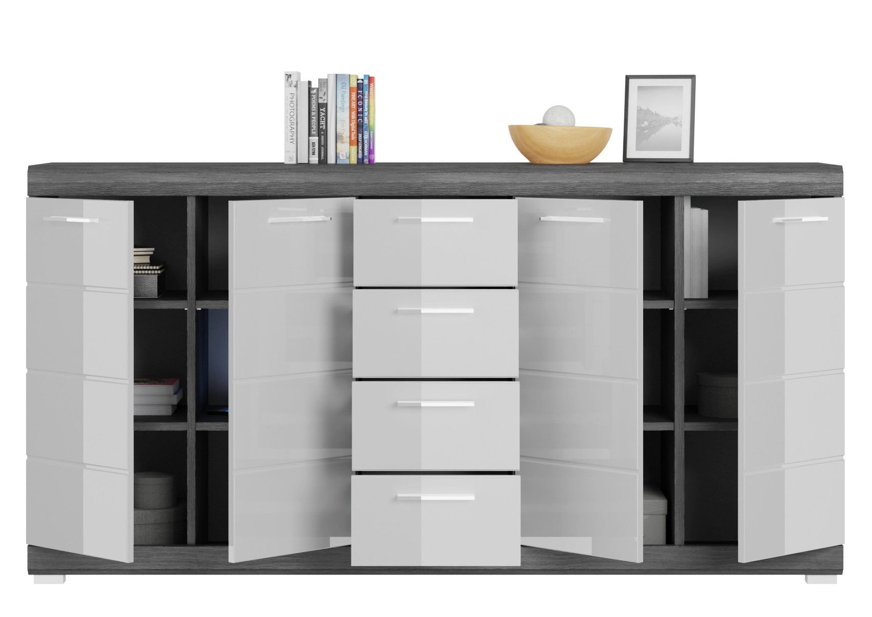 Newroom Kommode Rauchsilber 165 cm, Kommode Weiß Hochglanz Rauchsilber Sideboard Highboard Modern Zeit...