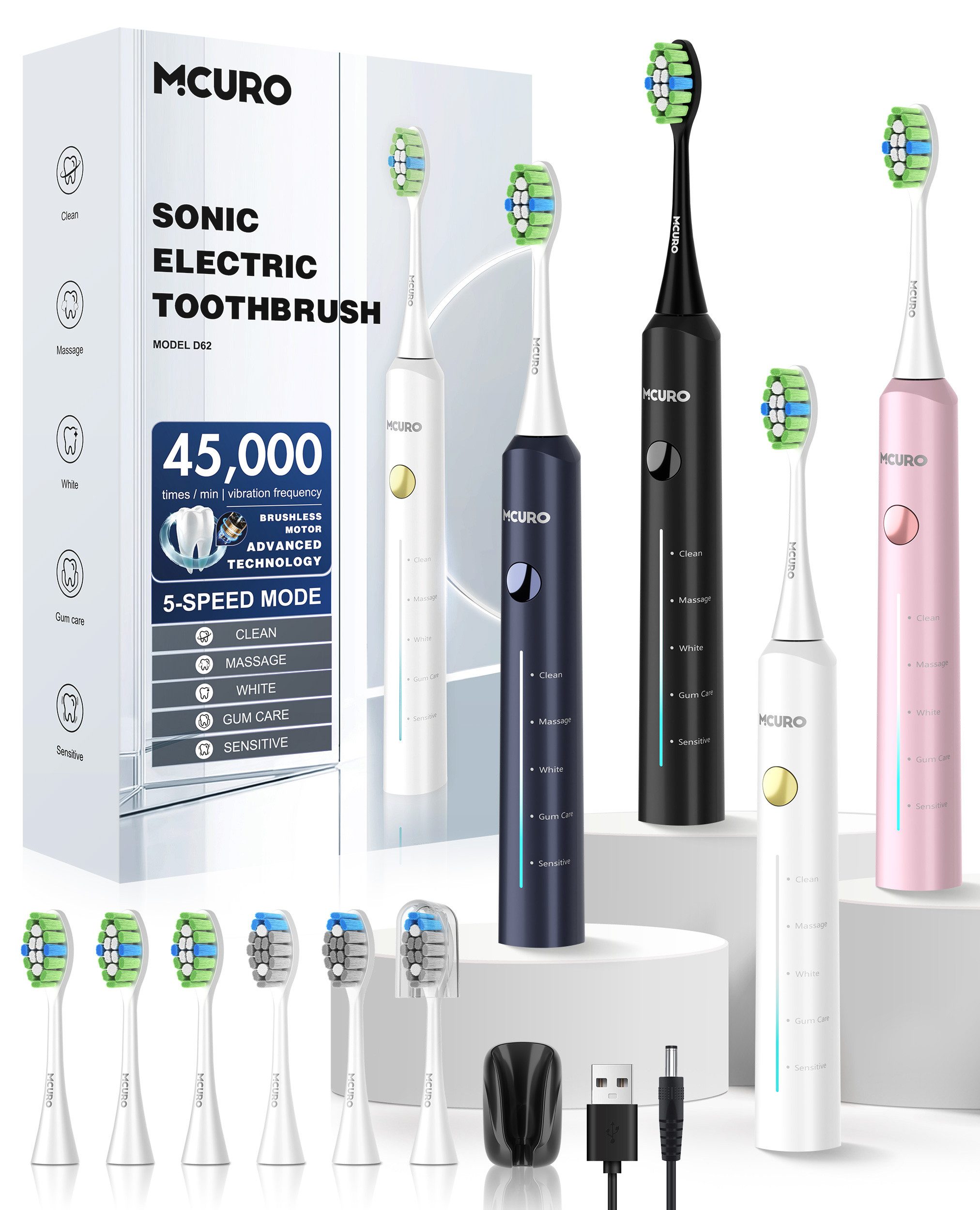 MCURO Schallzahnbürste Elektrische Zahnbürste 45.000 VPM für effektive Plaque-Entfernung, Aufsteckbürsten: 6 St., Reise Зубные щетки mit starker Vibration und langer Akkulaufzeit, Electric toothbrush für Erwachsene 5 Putzmodi,Timer