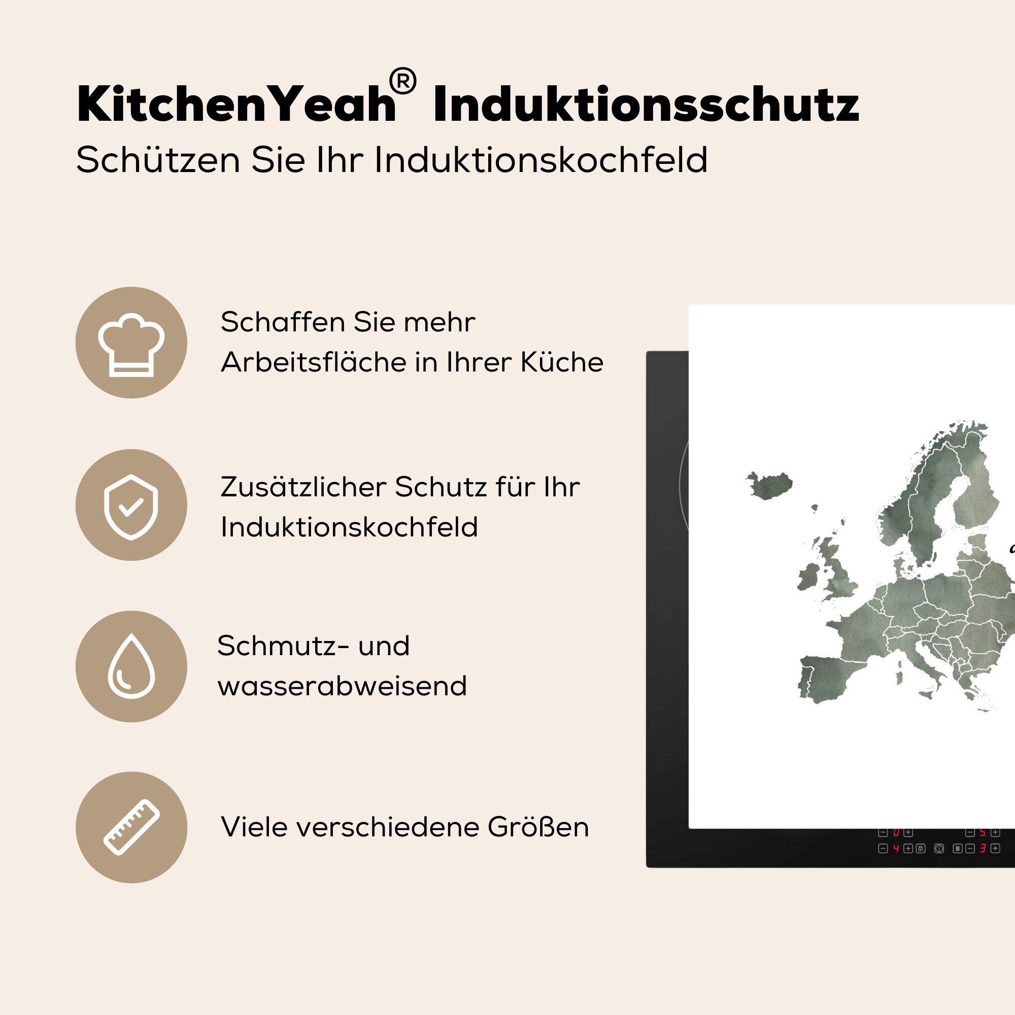 Zitat, MuchoWow tlg), küche 78x78 cm, Karte Arbeitsplatte Herdblende-/Abdeckplatte Vinyl, Ceranfeldabdeckung, Europa für - Aquarell (1 - -