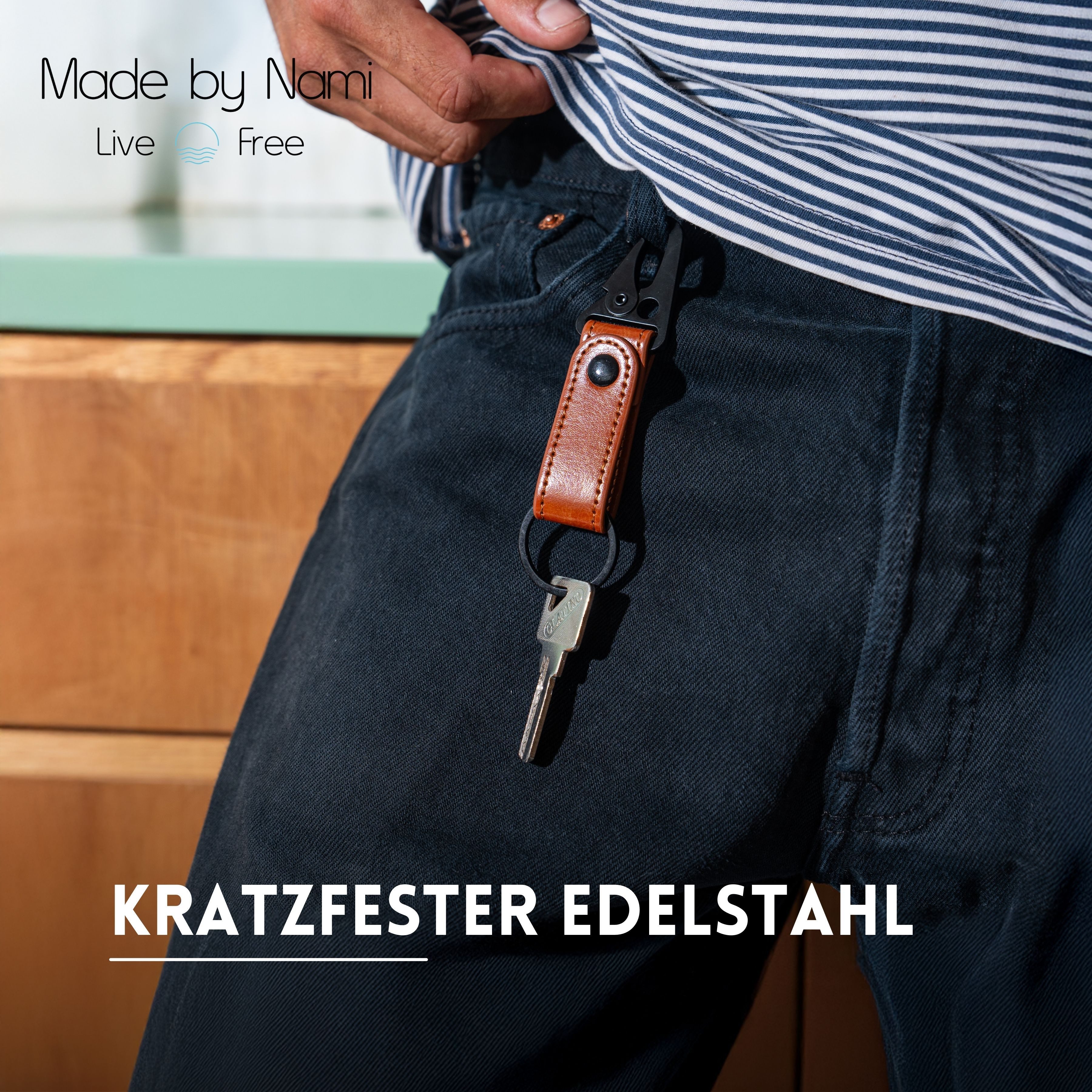 Made by Nami Schlüsselanhänger Set 3er Set Schlüsselanhänger Leder braun mit Karabiner, aus veganen Leder – 3-teiliges Set - robust