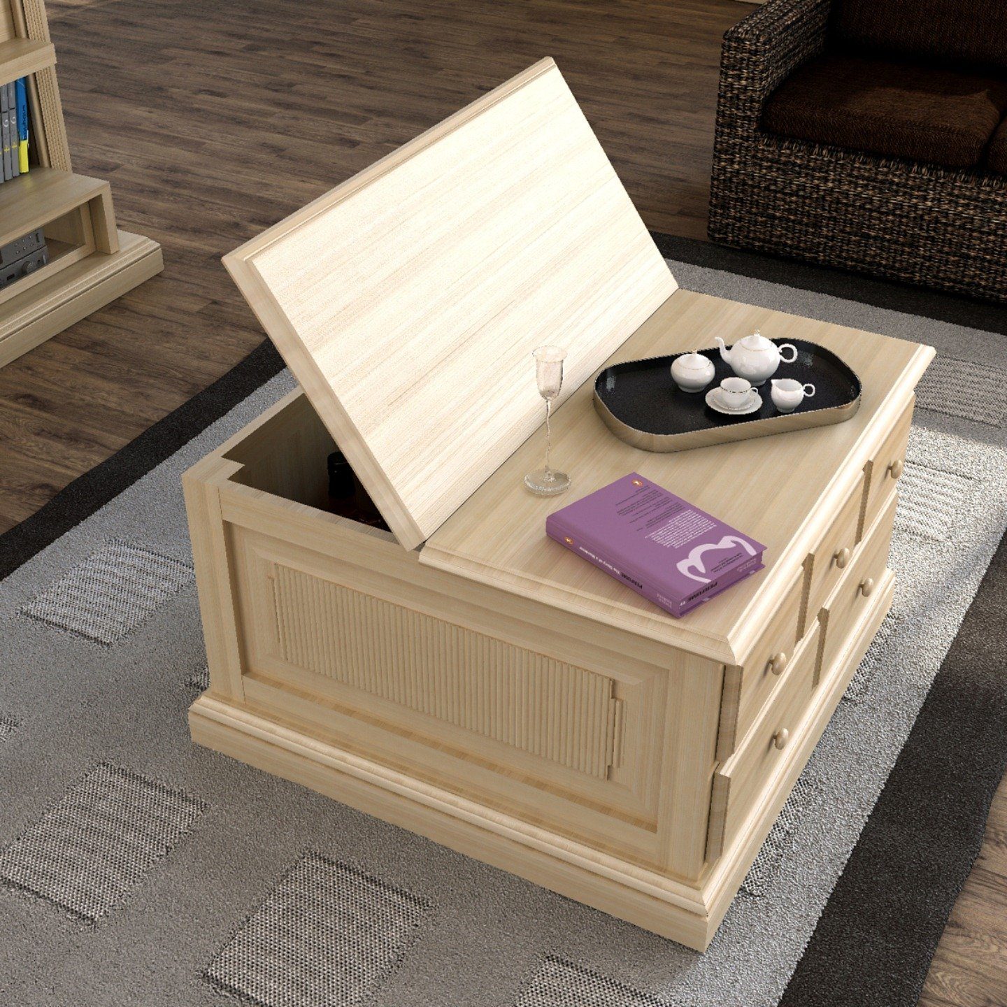 Casamia Truhentisch Truhen-Couchtisch Truhe 89 x 89 cm mit 5 Schubkästen Pinie massiv