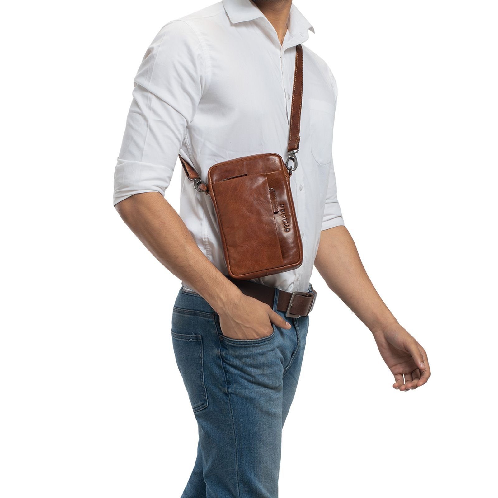 Handgelenktasche 2-in-1 Leder brandy Bag Herren Messenger STILORD braun Umhängetasche - "Fiete"