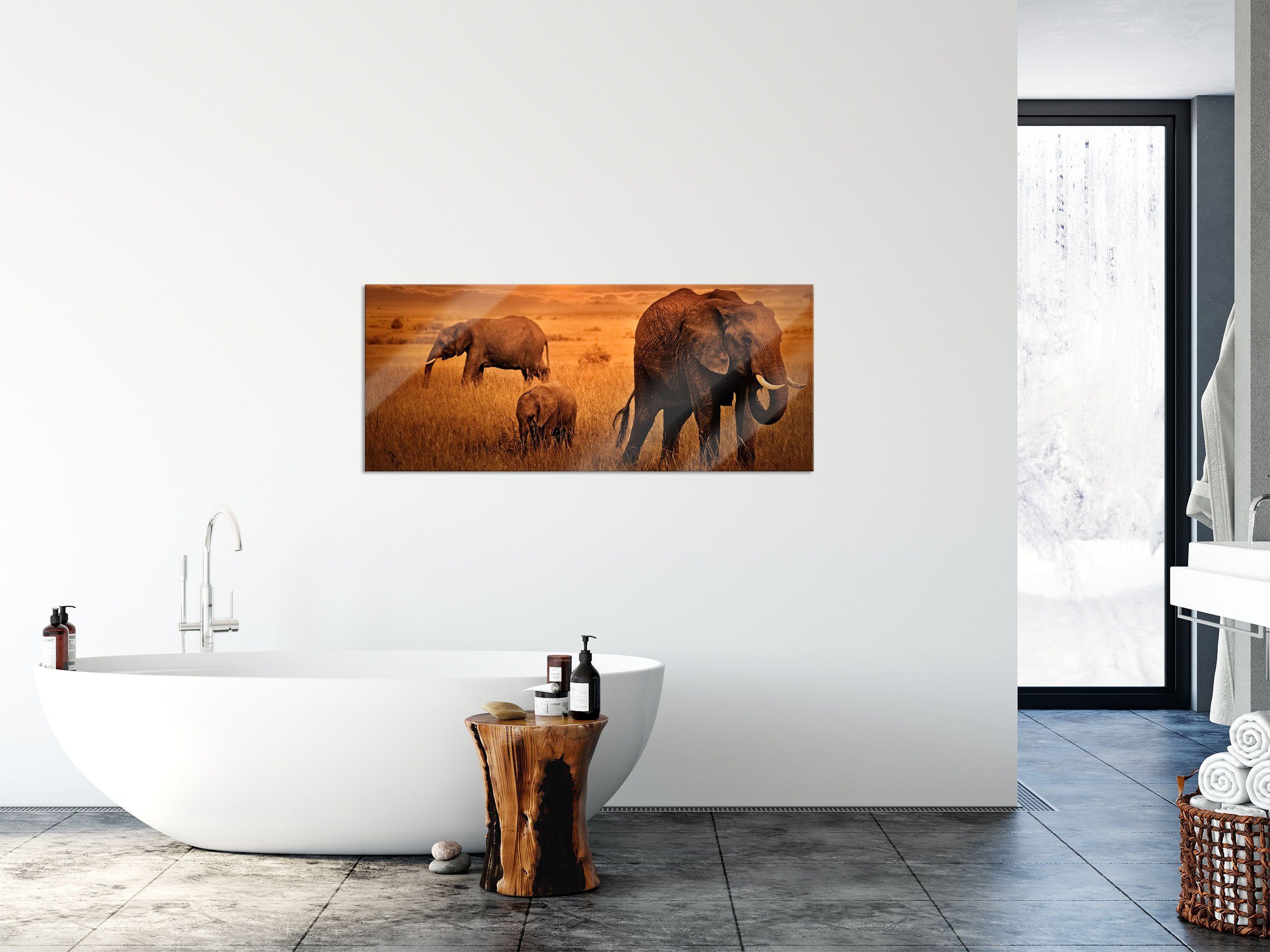 in der in Abstandshalter St), der Savanne Aufhängungen (1 Pixxprint Glasbild Elefanten Savanne, Glasbild aus Elefanten Echtglas, und inkl.