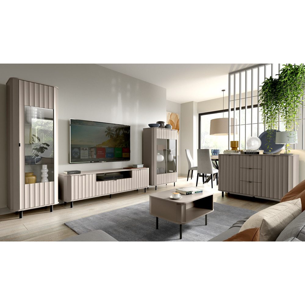 Lomadox Wohnzimmer-Set NASHVILLE-161, (Mega-Spar-Set, 5-St., Vitrine Lowboard Highboard Sideboard Couchtisch), Wohnzimmer-Set in Taupe, mit Wellen-Optik, modern