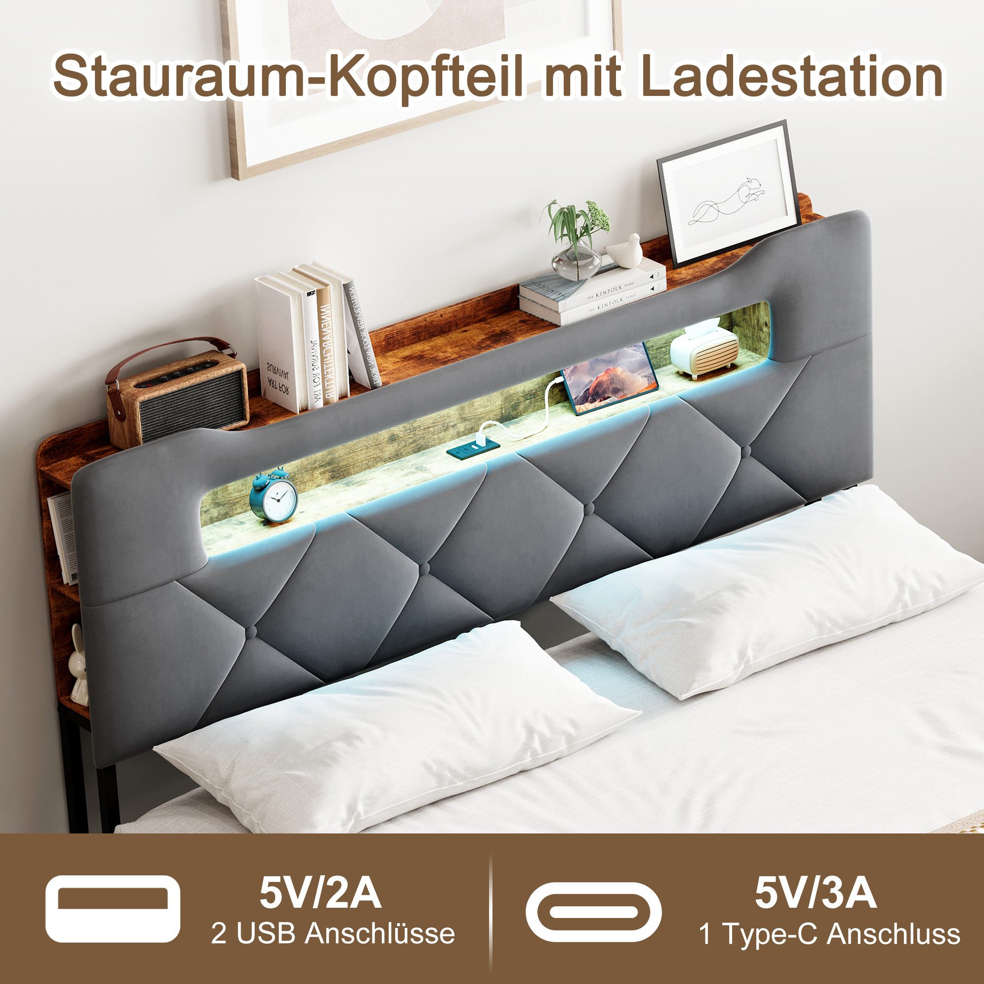 ADWOLT Polsterbett Doppelbett Stauraumbett mit 4 Schubladen Samtstoff, 160x200 cm,Mit USB+TYPE-C,LED-Beleuchtung,Schubladen mit Rädern,Grau – Bild 3 von 5