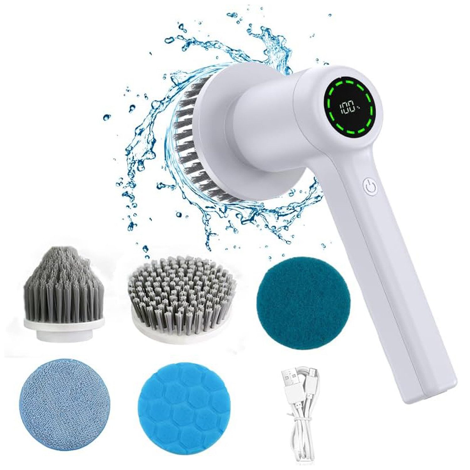 OKWISH Elektro-Oberflächenbürste Schnurlos Elektro Spülbürste, 10 cm Bürstendurchmesser, Elektrische Spin Scrubber Bürste mit Griff, 1-tlg., Geschirrbürste 5 austauschbare Reinigungsaufsätze 2 Geschwindigkeiten, Reinigung Wanne Glas Boden Geschirr usw